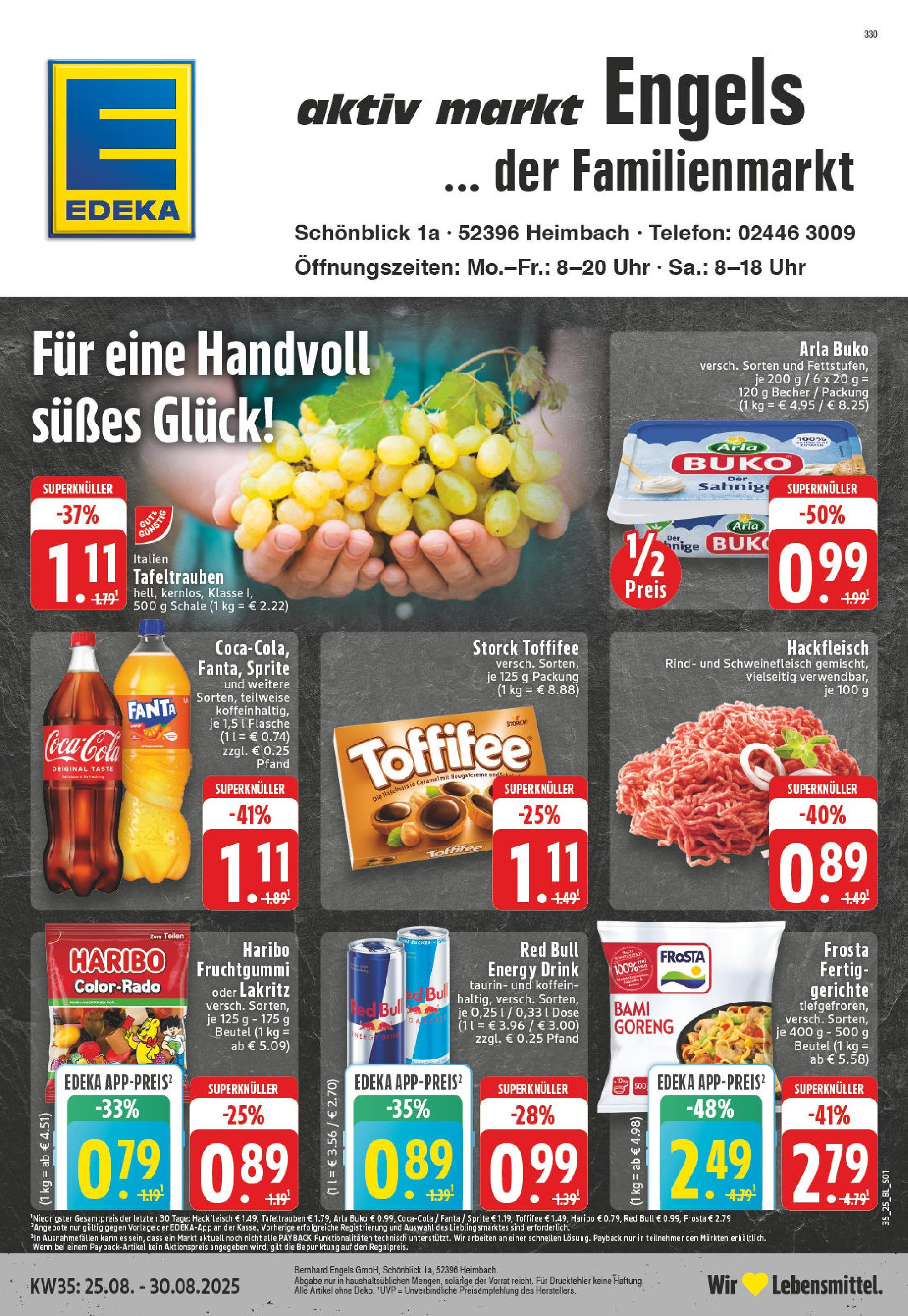 Edeka prospekt Heimbach (ab 24.08.2025) » Angebote Online | Seite: 1 | Produkte: Red bull, Frosta, Toffifee, Hackfleisch Edeka prospekt Heimbach (ab 24.08.2025) » Angebote Online | Seite: 1 | Produkte: Red bull, Frosta, Toffifee, Hackfleisch