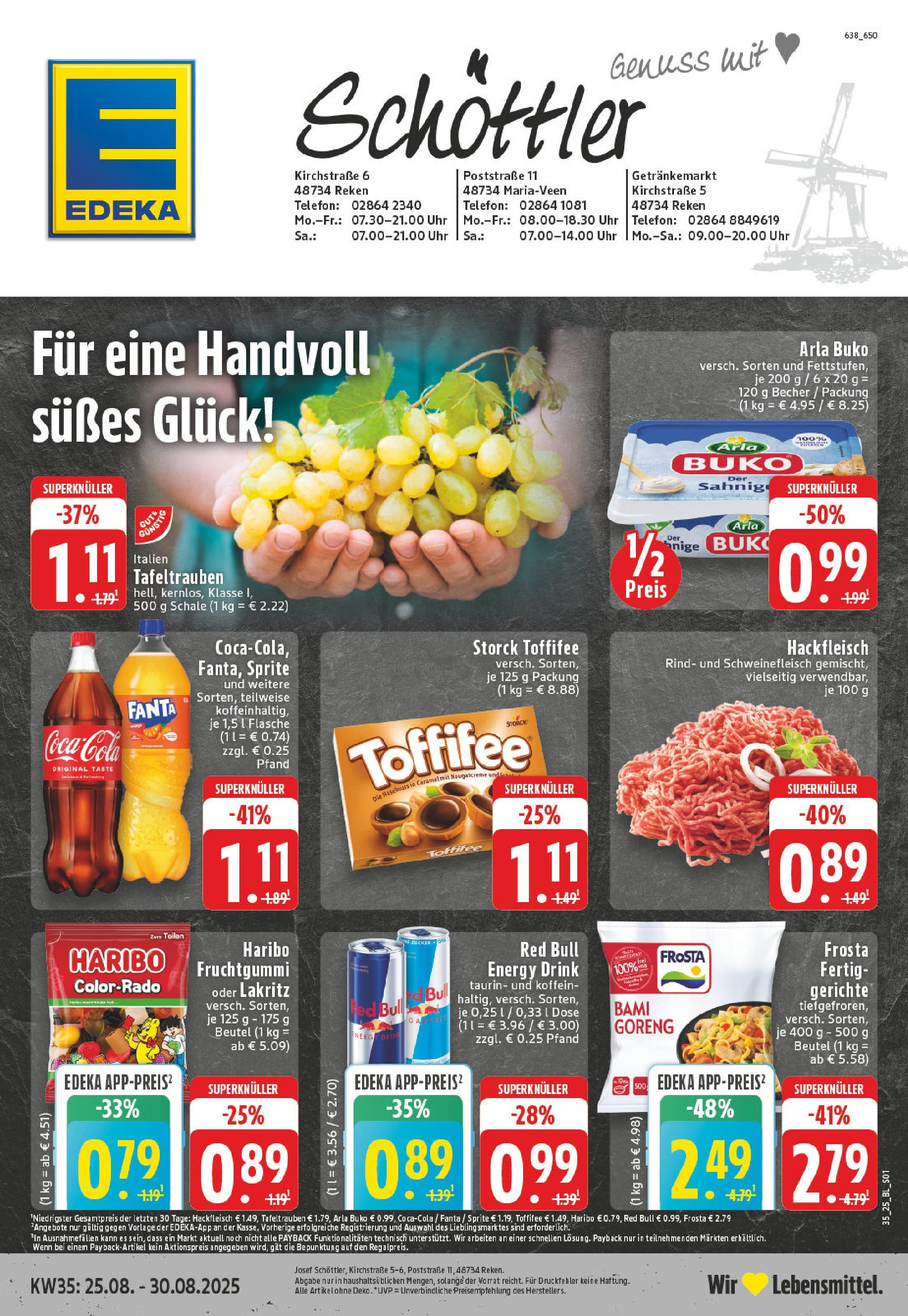 Edeka prospekt Reken - Maria Veen (ab 24.08.2025) » Angebote Online | Seite: 1 | Produkte: Cola, Frosta, Telefon, Hackfleisch Edeka prospekt Reken - Maria Veen (ab 24.08.2025) » Angebote Online | Seite: 1 | Produkte: Cola, Frosta, Telefon, Hackfleisch