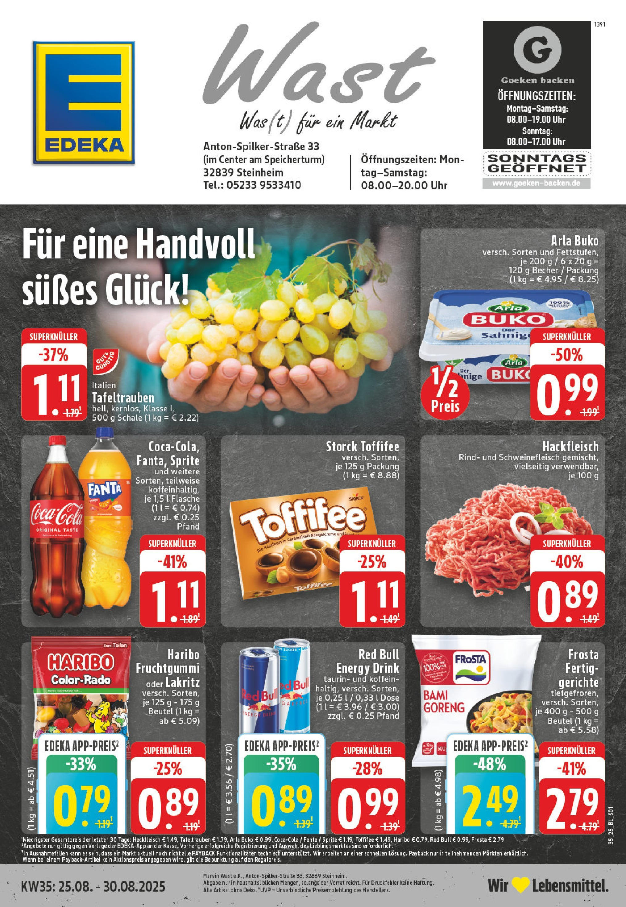 Edeka prospekt Steinheim (ab 24.08.2025) » Angebote Online | Seite: 1 | Produkte: Red bull, Haribo, Cola, Energy Edeka prospekt Steinheim (ab 24.08.2025) » Angebote Online | Seite: 1 | Produkte: Red bull, Haribo, Cola, Energy