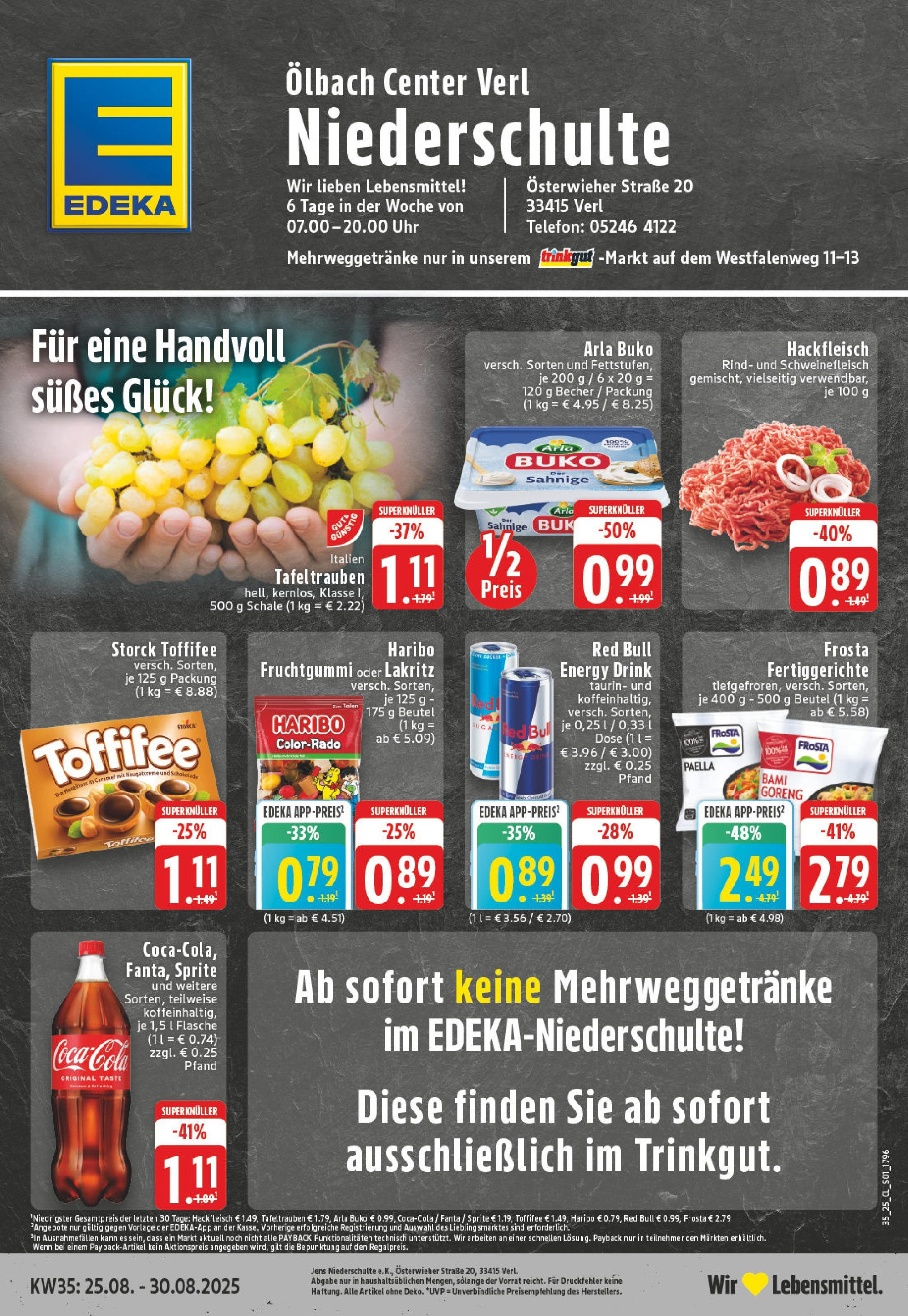 Edeka prospekt Verl (ab 24.08.2025) » Angebote Online | Seite: 1 | Produkte: Sprite, Fertiggerichte, Arla buko, Hackfleisch Edeka prospekt Verl (ab 24.08.2025) » Angebote Online | Seite: 1 | Produkte: Sprite, Fertiggerichte, Arla buko, Hackfleisch