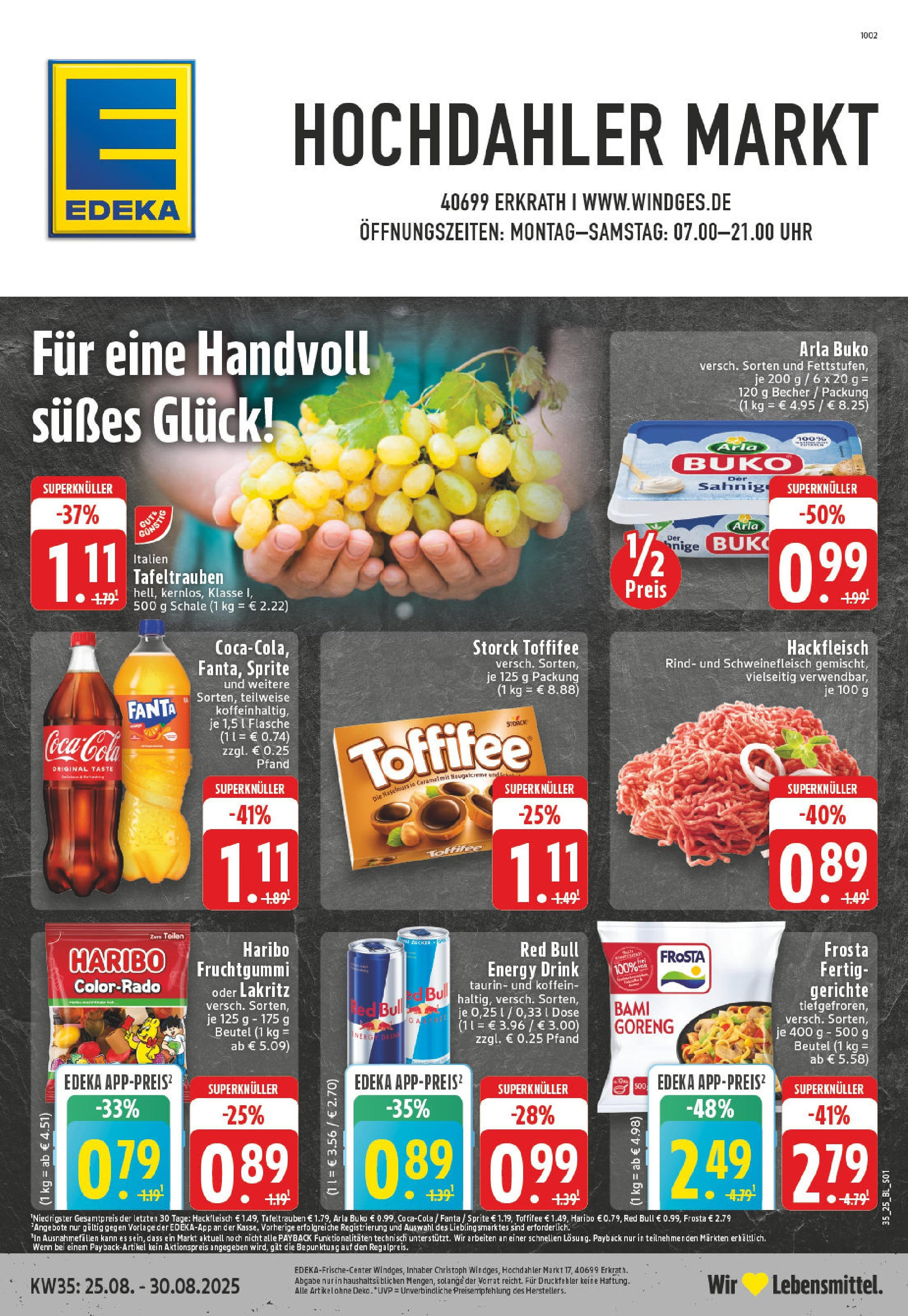 Edeka prospekt Erkrath - Hochdahl (ab 24.08.2025) » Angebote Online | Seite: 1 | Produkte: Red bull, Haribo, Schweinefleisch, Uhr Edeka prospekt Erkrath - Hochdahl (ab 24.08.2025) » Angebote Online | Seite: 1 | Produkte: Red bull, Haribo, Schweinefleisch, Uhr