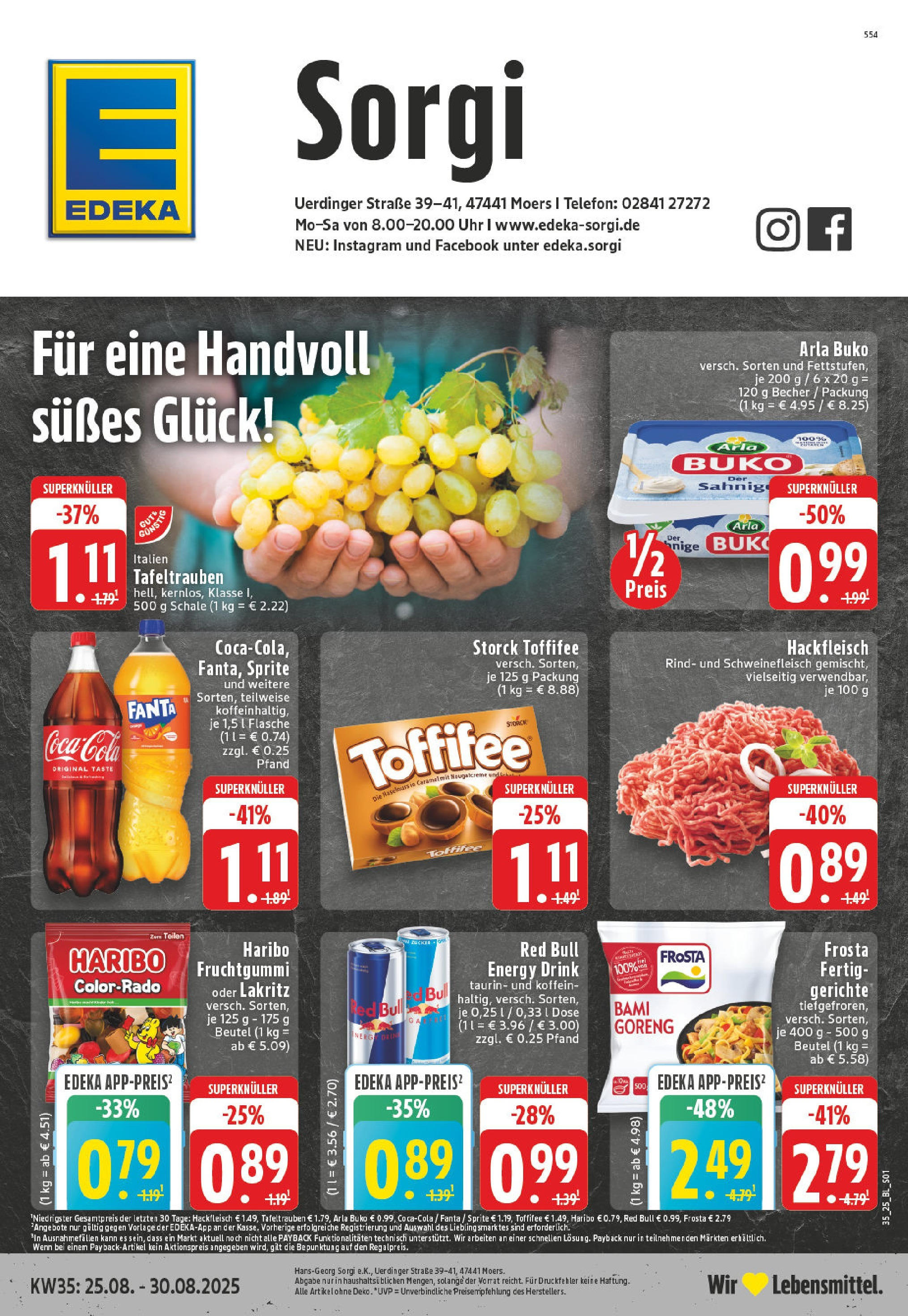 Edeka prospekt Moers (ab 24.08.2025) » Angebote Online | Seite: 1 | Produkte: Cola, Energy, Toffifee, Schweinefleisch Edeka prospekt Moers (ab 24.08.2025) » Angebote Online | Seite: 1 | Produkte: Cola, Energy, Toffifee, Schweinefleisch