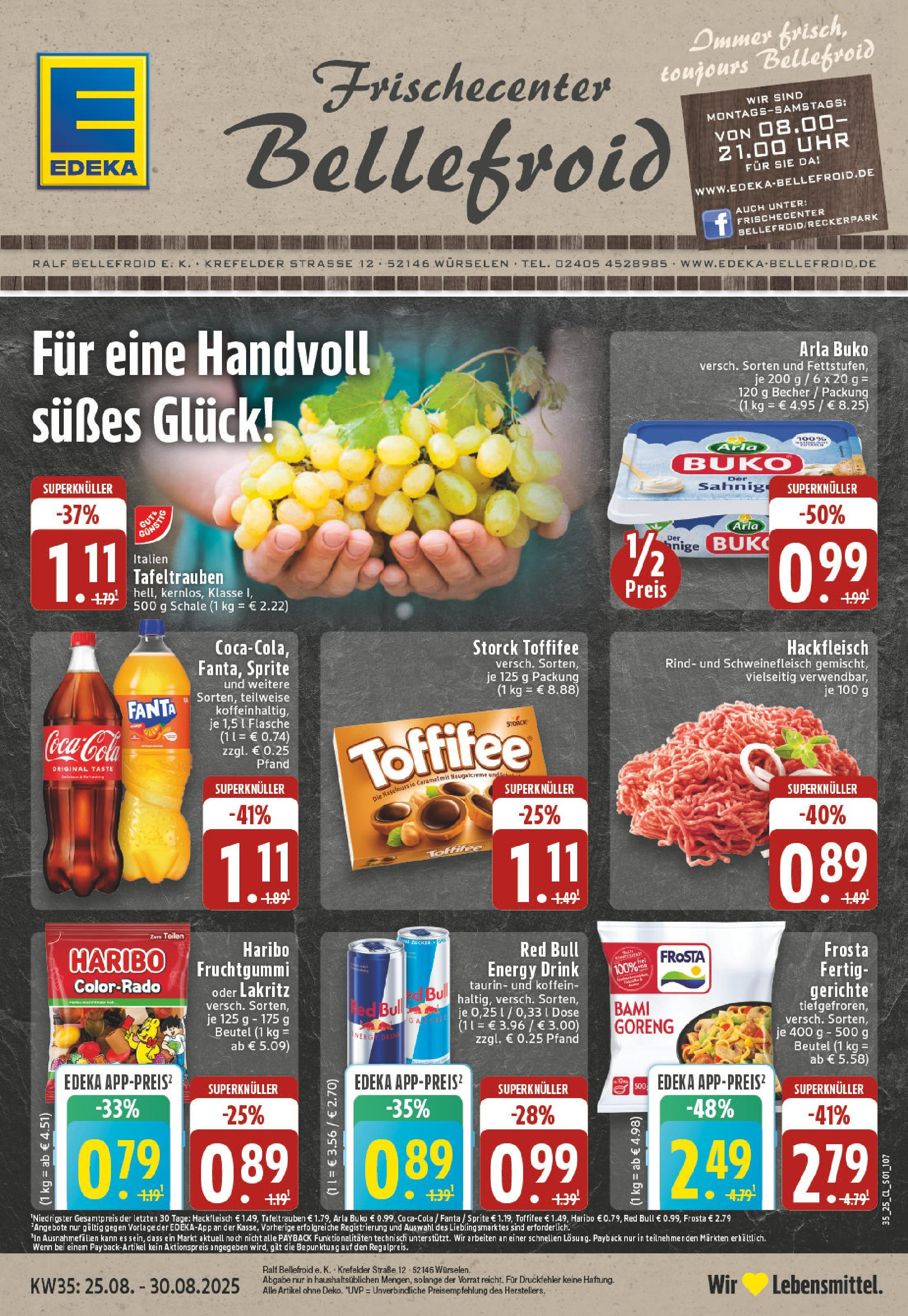 Edeka prospekt Würselen (ab 24.08.2025) » Angebote Online | Seite: 1 | Produkte: Red bull, Arla buko, Uhr, Hackfleisch Edeka prospekt Würselen (ab 24.08.2025) » Angebote Online | Seite: 1 | Produkte: Red bull, Arla buko, Uhr, Hackfleisch