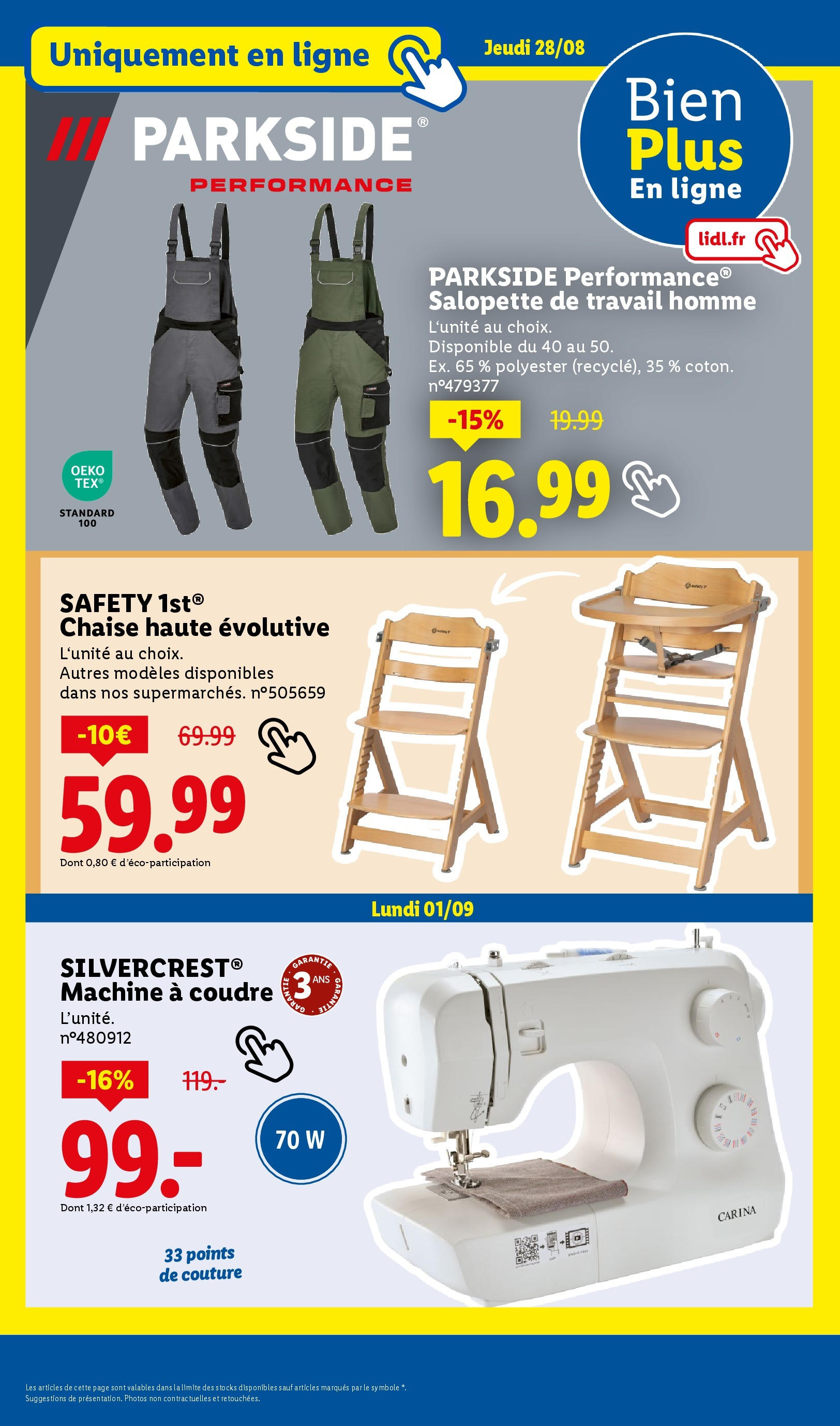 Catalogue LIDL du 27/08/2025 | Promo prospectus en ligne | Page: 32 | Produits: Salopette, Machine à coudre, Chaise Catalogue LIDL du 27/08/2025 | Promo prospectus en ligne | Page: 32 | Produits: Salopette, Machine à coudre, Chaise