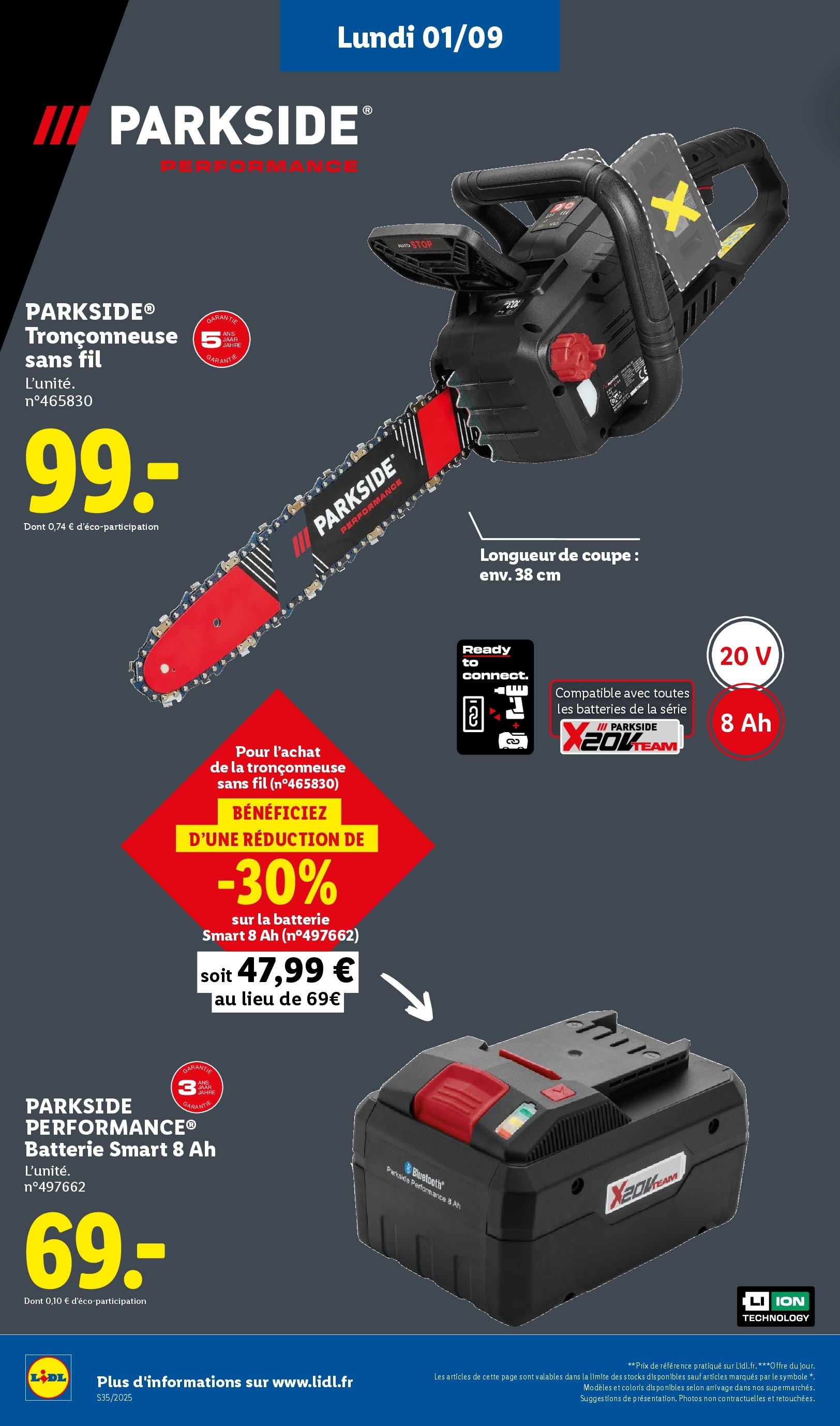 Catalogue LIDL du 27/08/2025 | Promo prospectus en ligne | Page: 63 | Produits: Tronçonneuse, Batterie Catalogue LIDL du 27/08/2025 | Promo prospectus en ligne | Page: 63 | Produits: Tronçonneuse, Batterie