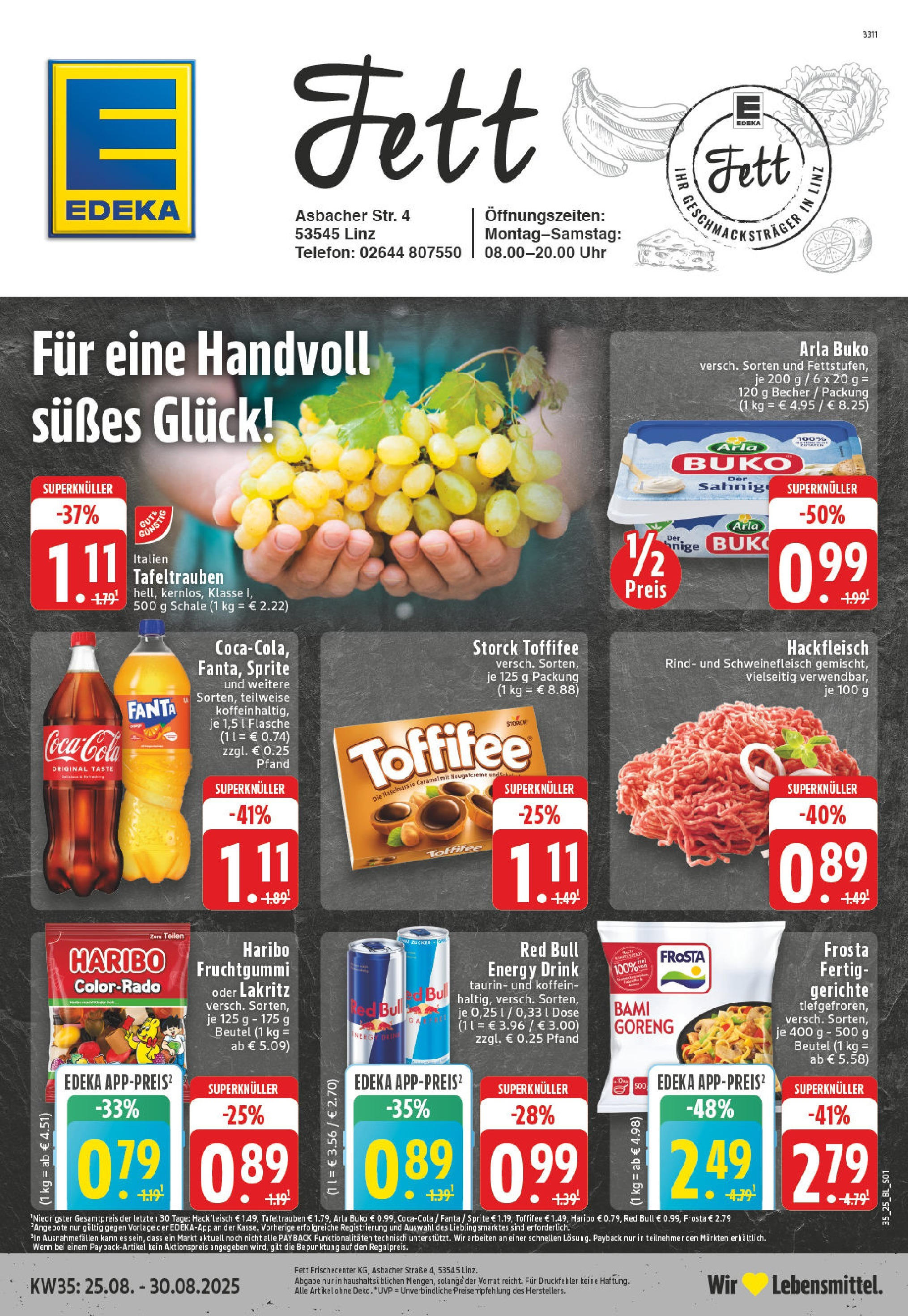 Edeka prospekt Linz Am Rhein (ab 24.08.2025) » Angebote Online | Seite: 1 | Produkte: Coca cola, Haribo, Fertiggerichte, Hackfleisch Edeka prospekt Linz Am Rhein (ab 24.08.2025) » Angebote Online | Seite: 1 | Produkte: Coca cola, Haribo, Fertiggerichte, Hackfleisch