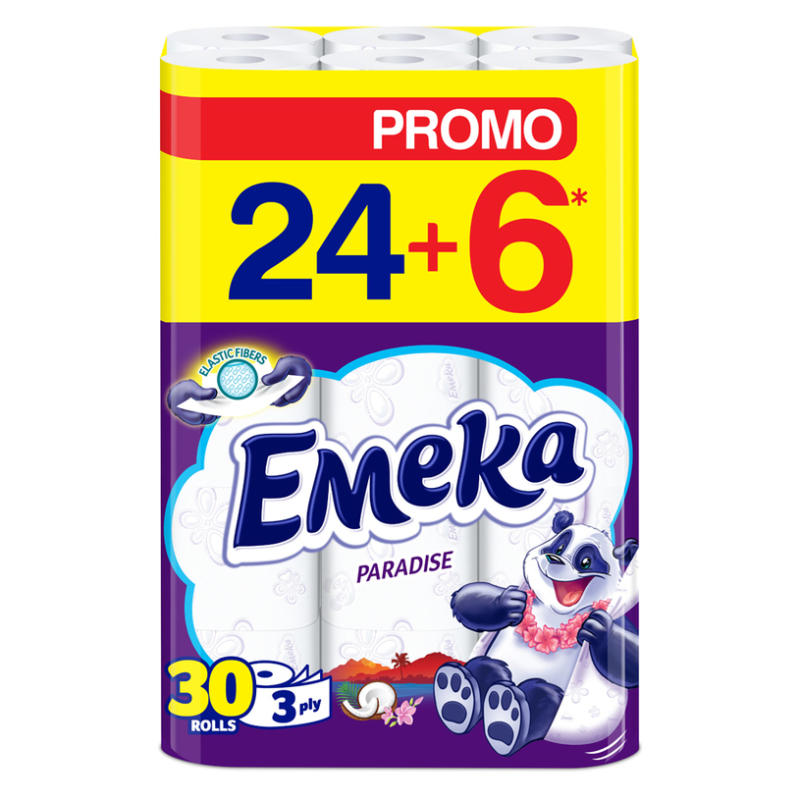 ТОАЛЕТНА ХАРТИЯ 3 ПЛАСТА PARADISE 24+6 БР EMEKA