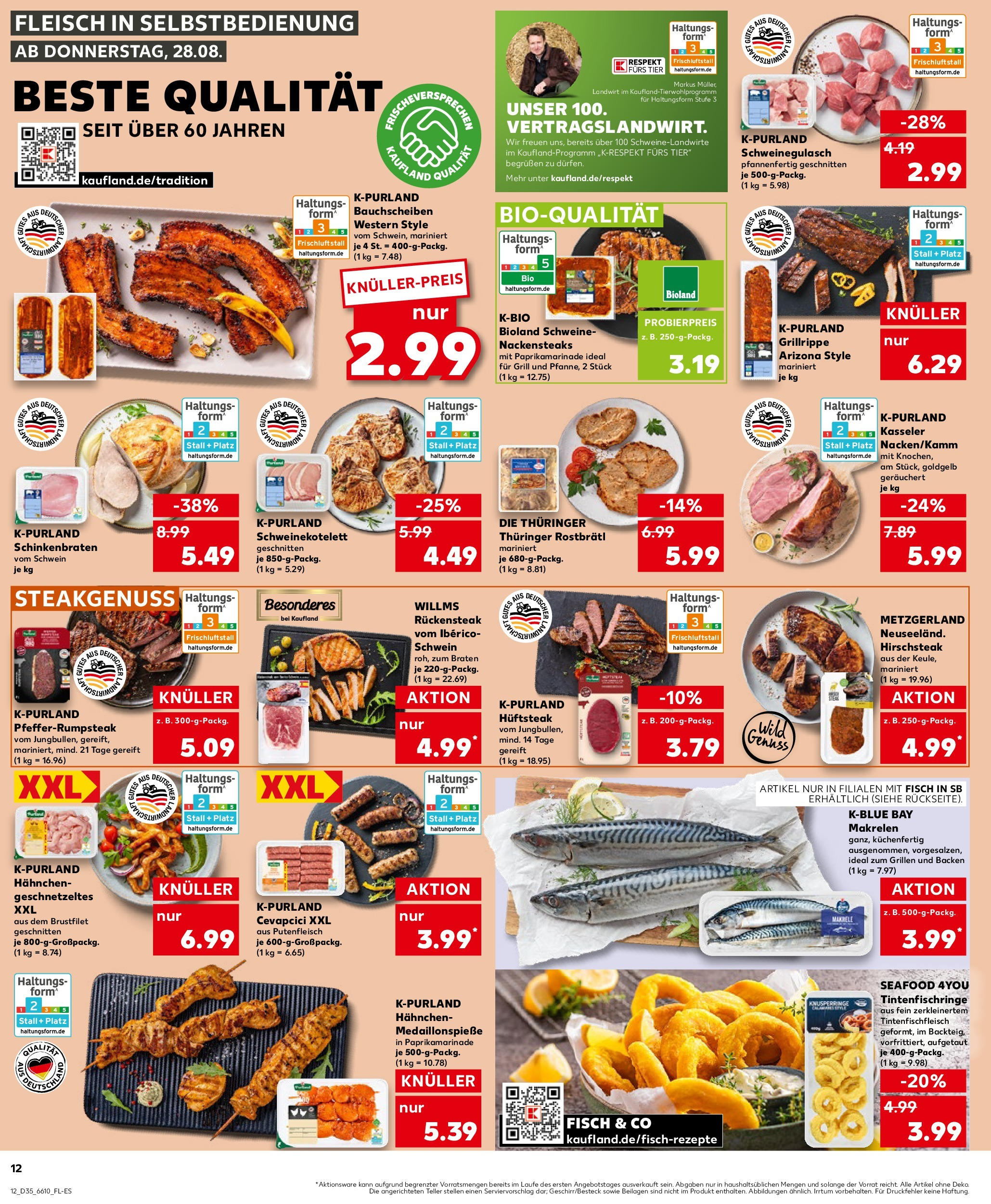 Prospekt Kaufland ab 28.08.2025 » Angebote und Werbung Online | Seite: 12 | Produkte: Schweinegulasch, Nackensteaks, Grill, Fisch Prospekt Kaufland ab 28.08.2025 » Angebote Online zum Blättern | Seite: 12 | Produkte: Schweinegulasch, Nackensteaks, Grill, Fisch