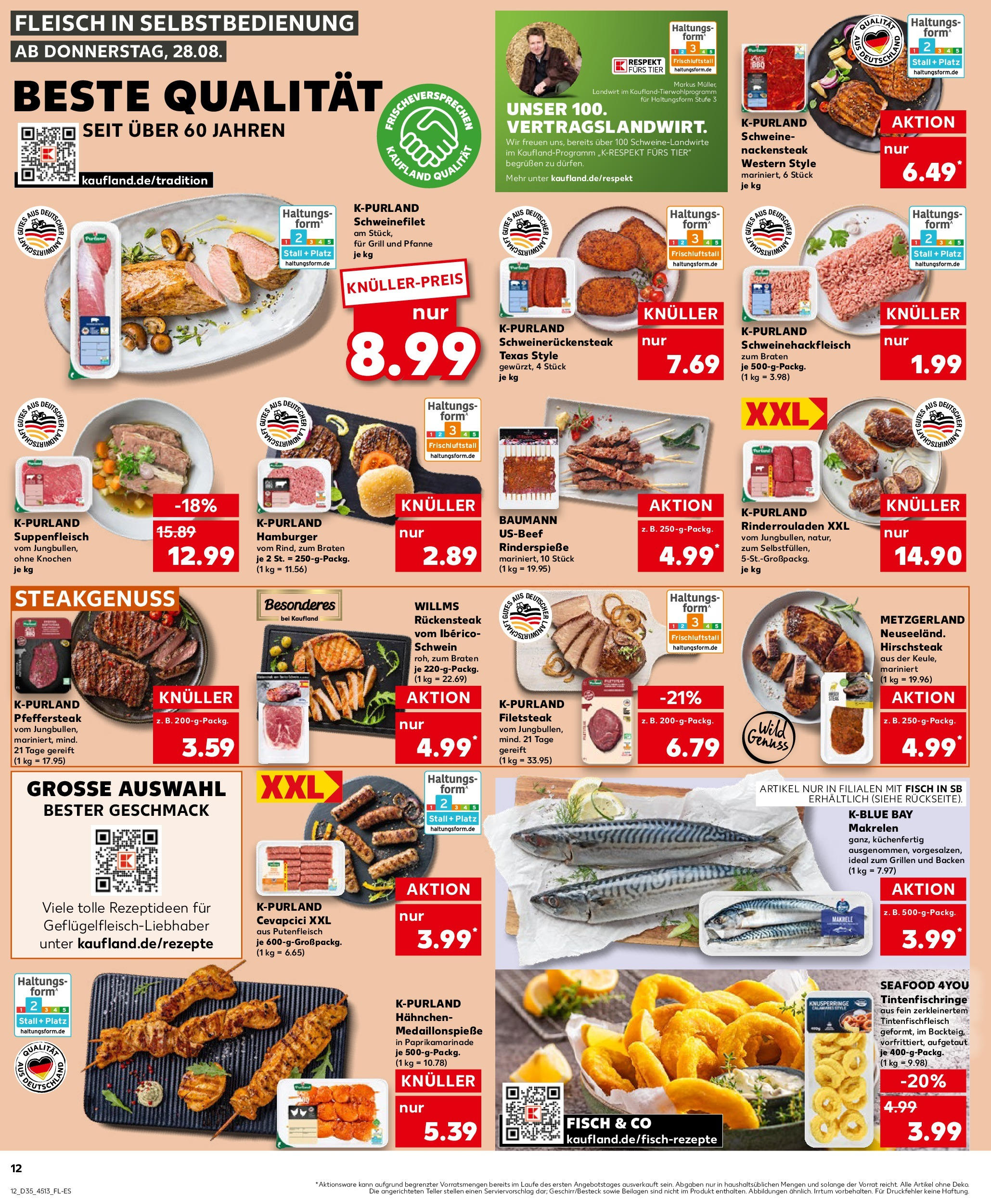 Prospekt Kaufland ab 28.08.2025 » Angebote und Werbung Online | Seite: 12 | Produkte: Rinderrouladen, Schweinefilet, Steak, Fleisch Prospekt Kaufland ab 28.08.2025 » Angebote Online zum Blättern | Seite: 12 | Produkte: Rinderrouladen, Schweinefilet, Steak, Fleisch