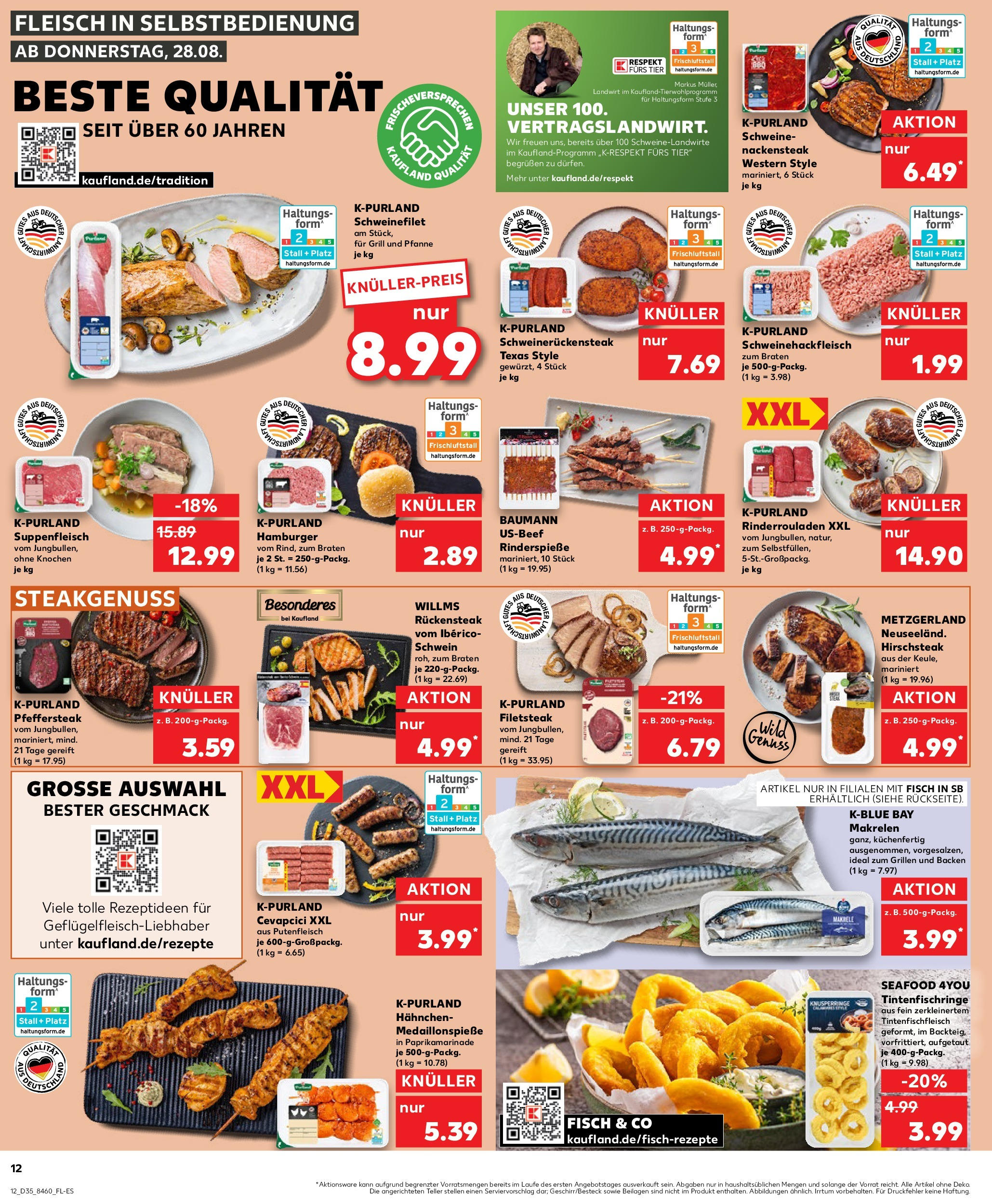 Prospekt Kaufland ab 28.08.2025 » Angebote Online zum Blättern | Seite: 12 | Produkte: Cevapcici, Fisch, Suppenfleisch, Steak