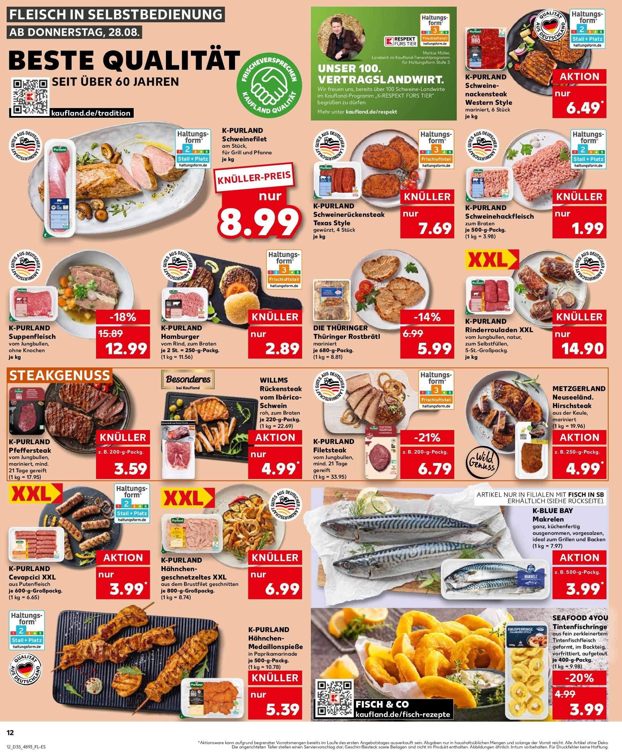 Prospekt Kaufland ab 28.08.2025 » Angebote und Werbung Online | Seite: 12 | Produkte: Rinderrouladen, Suppenfleisch, Steak, Fleisch Prospekt Kaufland ab 28.08.2025 » Angebote Online zum Blättern | Seite: 12 | Produkte: Rinderrouladen, Suppenfleisch, Steak, Fleisch