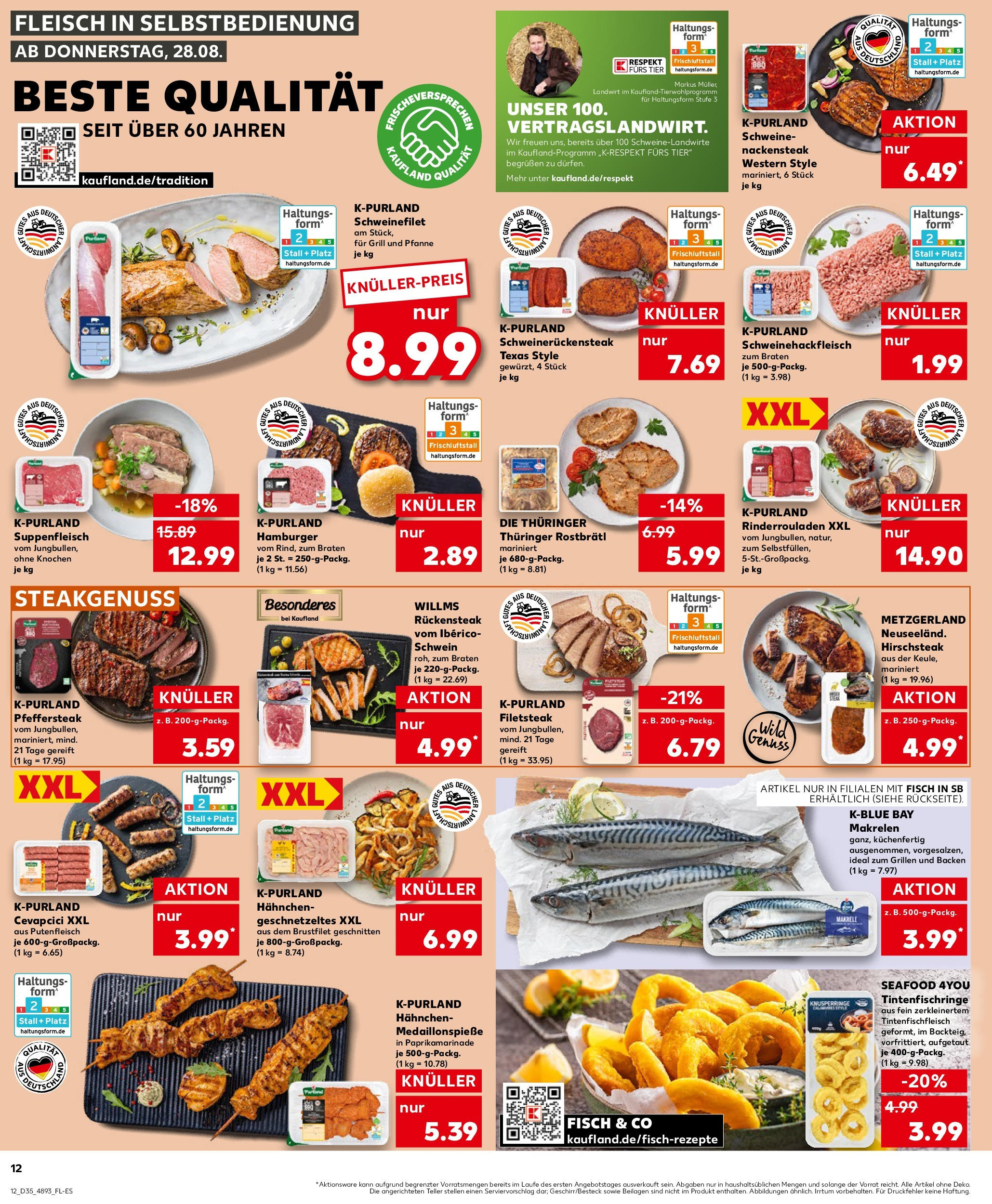 Prospekt Kaufland ab 27.08.2025 » Angebote und Werbung Online | Seite: 12 | Produkte: Rinderrouladen, Cevapcici, Fisch, Steak Prospekt Kaufland ab 27.08.2025 » Angebote Online zum Blättern | Seite: 12 | Produkte: Rinderrouladen, Cevapcici, Fisch, Steak
