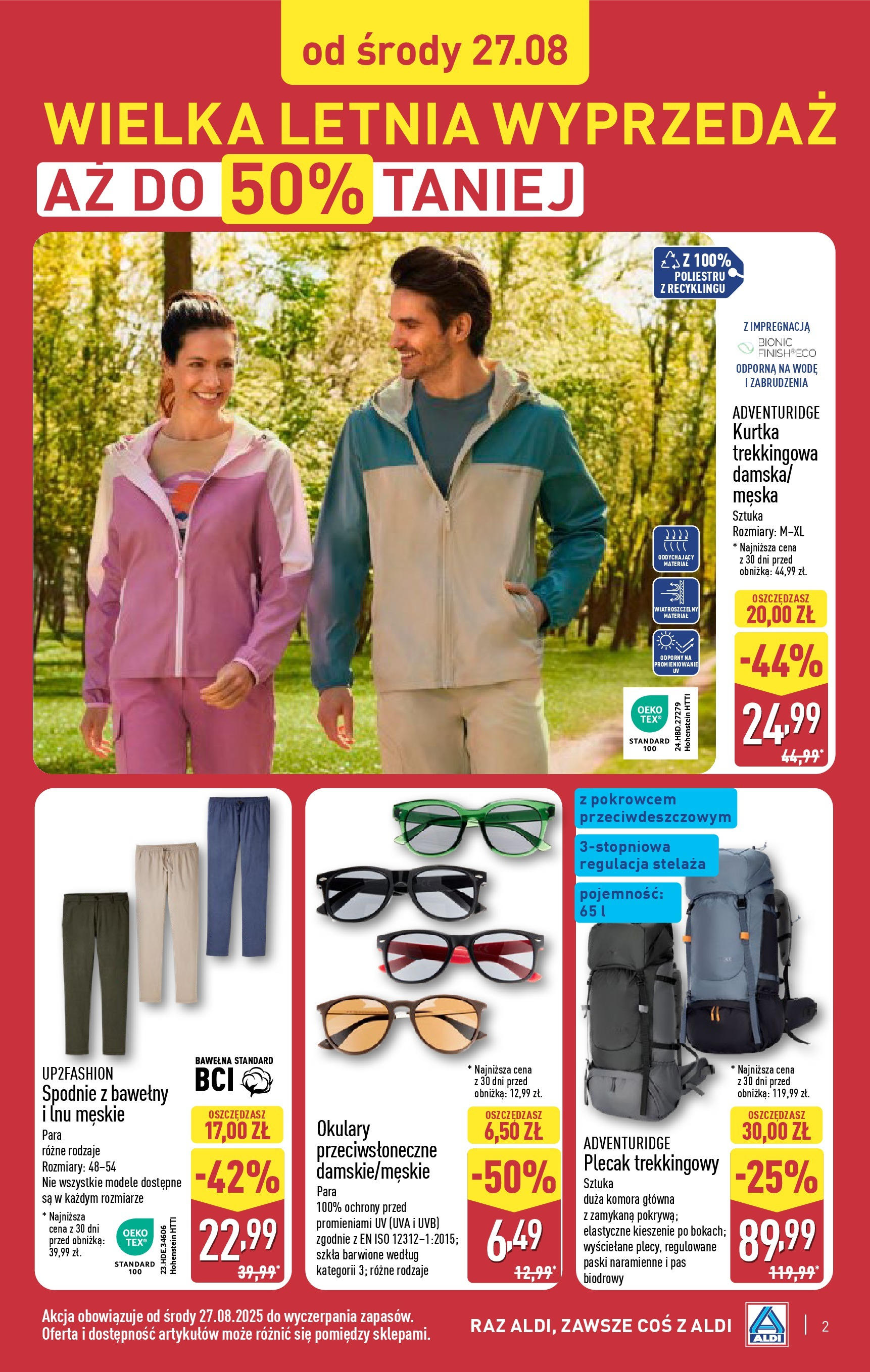 Aldi - Wielka wyprzedaż w ALDI od 19.08.2025 | Nowa PDF gazetka | Strona: 2 | Produkty: Kurtka, Spodnie, Plecak, Okulary Aldi - Wielka wyprzedaż w ALDI od 19.08.2025 - Ulotka PDF, promocje | Strona: 2 | Produkty: Kurtka, Spodnie, Plecak, Okulary