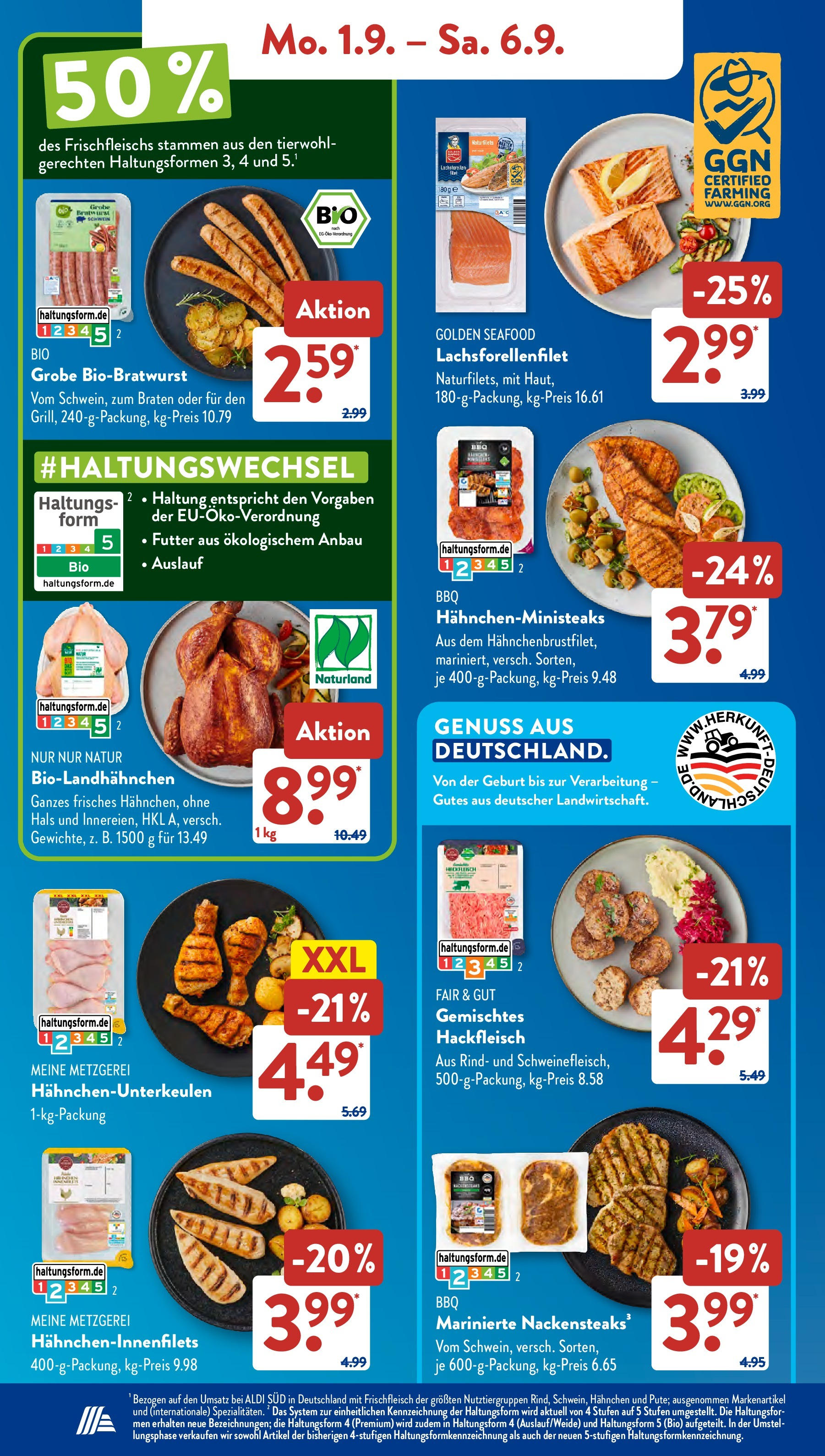 Aldi Süd Prospekt (ab 01.08.2025) zum Blättern | Seite: 6 | Produkte: Nackensteaks, Hahnchen, Bratwurst, Lachs Aldi Süd Prospekt (ab 01.08.2025) zum Blättern | Seite: 6 | Produkte: Nackensteaks, Hahnchen, Bratwurst, Lachs