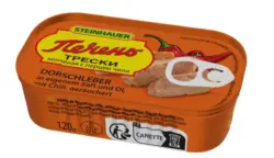 Dorschleber in eigenem Saft und Öl, mit Chili, geräuchert