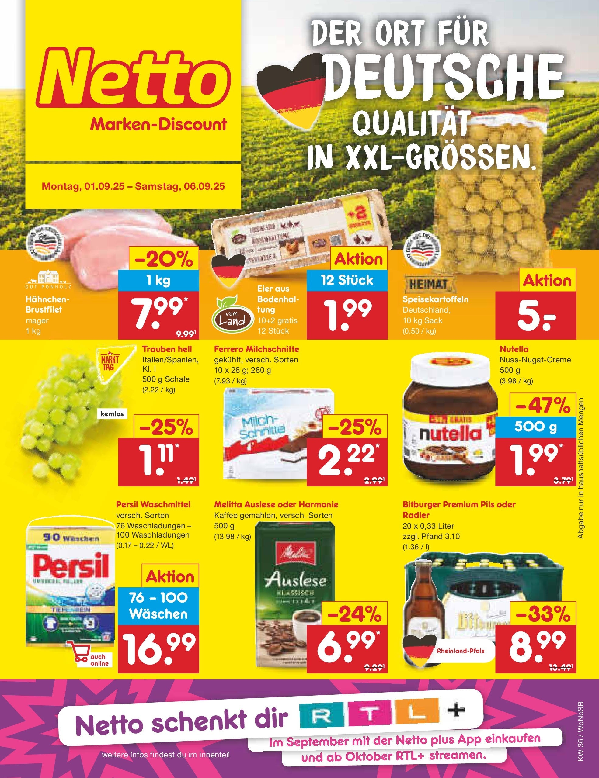 Netto Marken-Discount prospekt Frankfurt (ab 01.09.2025) » Angebote | Seite: 1 | Produkte: Bitburger, Hahnchen, Nutella, Ferrero milchschnitte Netto Marken-Discount prospekt Frankfurt (ab 01.09.2025) » Angebote | Seite: 1 | Produkte: Bitburger, Hahnchen, Nutella, Ferrero milchschnitte