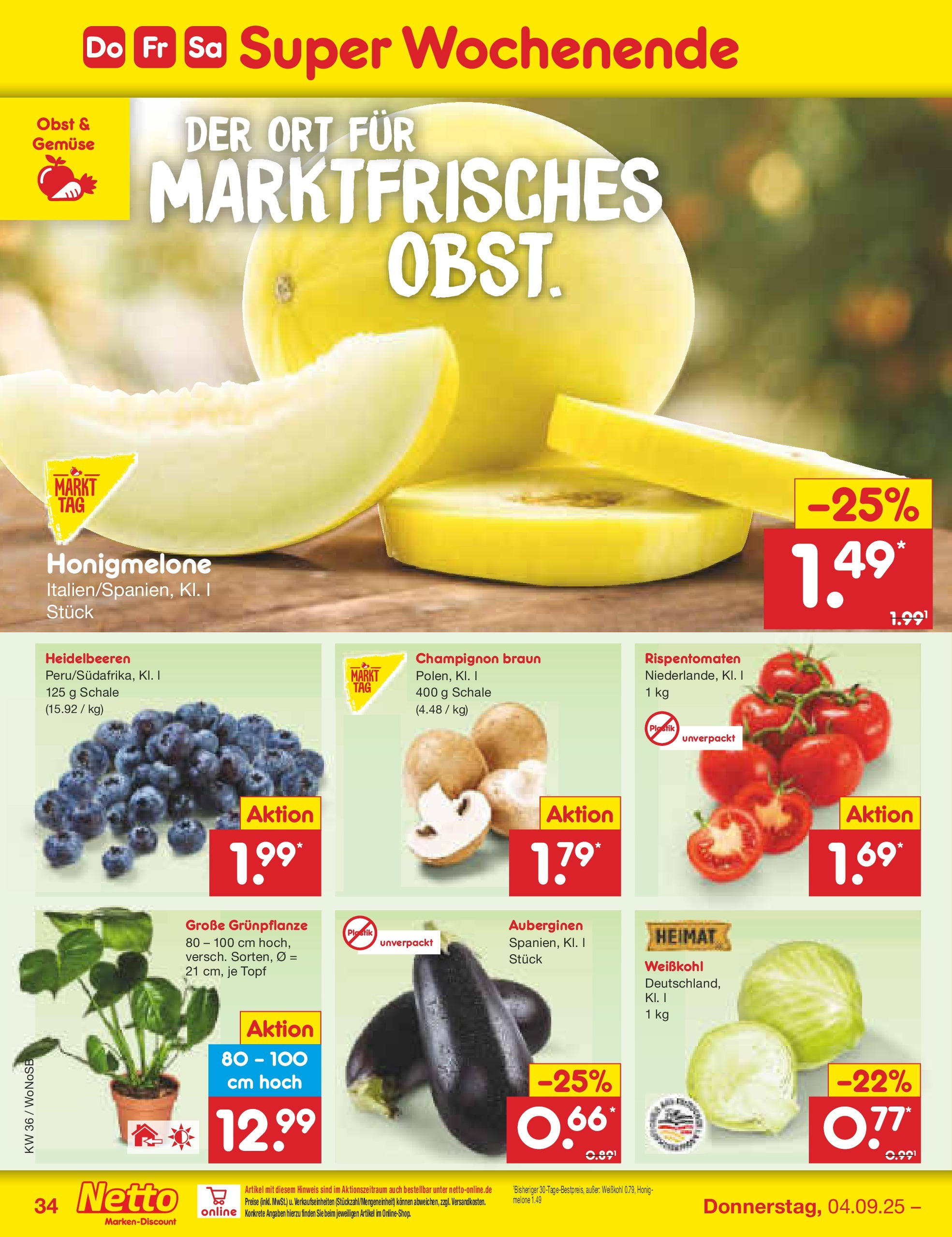 Netto Marken-Discount prospekt Frankfurt (ab 01.09.2025) » Angebote | Seite: 50 | Produkte: Heidelbeeren, Honigmelone, Gemüse, Obst Netto Marken-Discount prospekt Frankfurt (ab 01.09.2025) » Angebote | Seite: 50 | Produkte: Heidelbeeren, Honigmelone, Gemüse, Obst