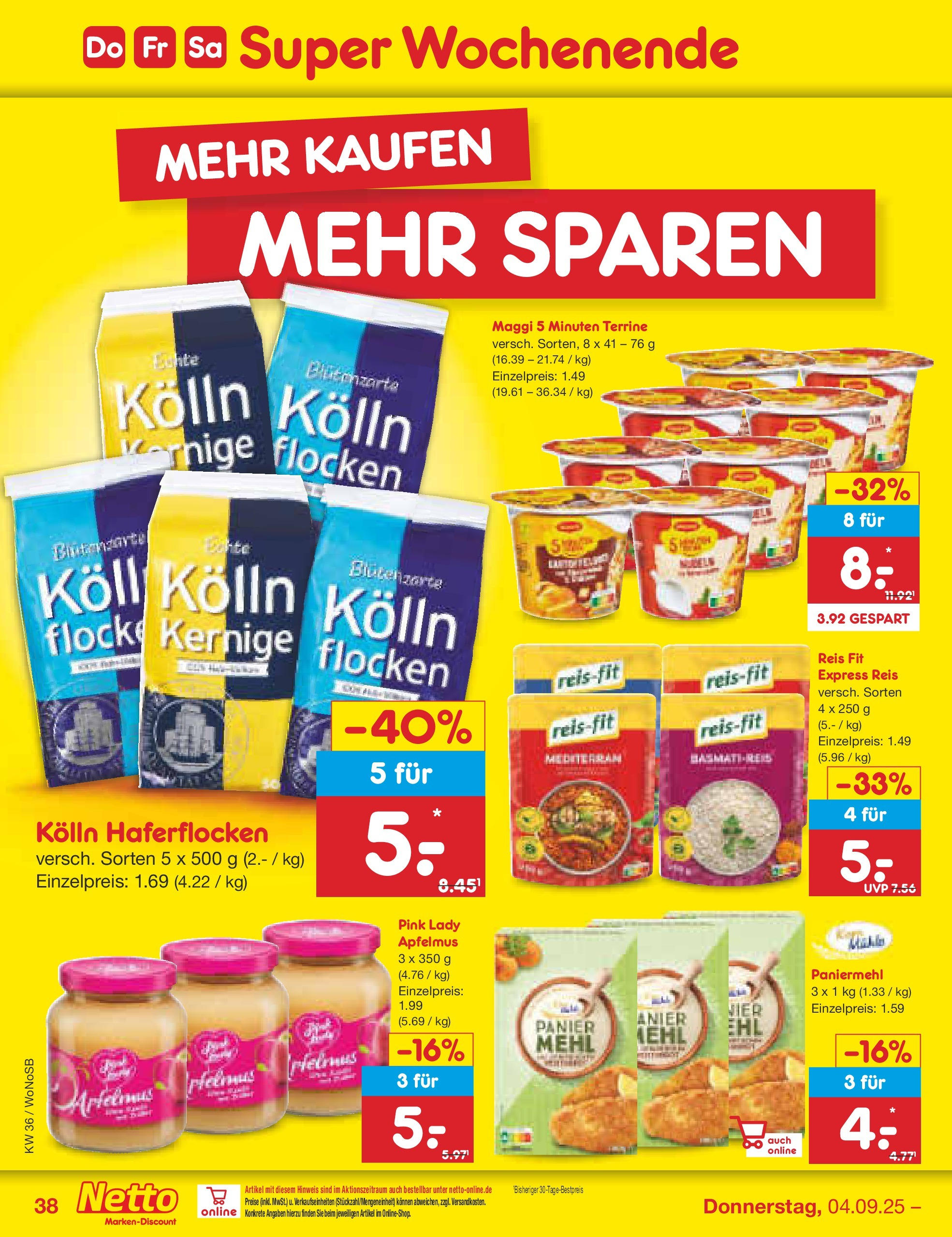 Netto Marken-Discount prospekt Frankfurt (ab 01.09.2025) » Angebote | Seite: 54 | Produkte: Kolln haferflocken, Mehl, Reis, Maggi 5 minuten terrine Netto Marken-Discount prospekt Frankfurt (ab 01.09.2025) » Angebote | Seite: 54 | Produkte: Kolln haferflocken, Mehl, Reis, Maggi 5 minuten terrine