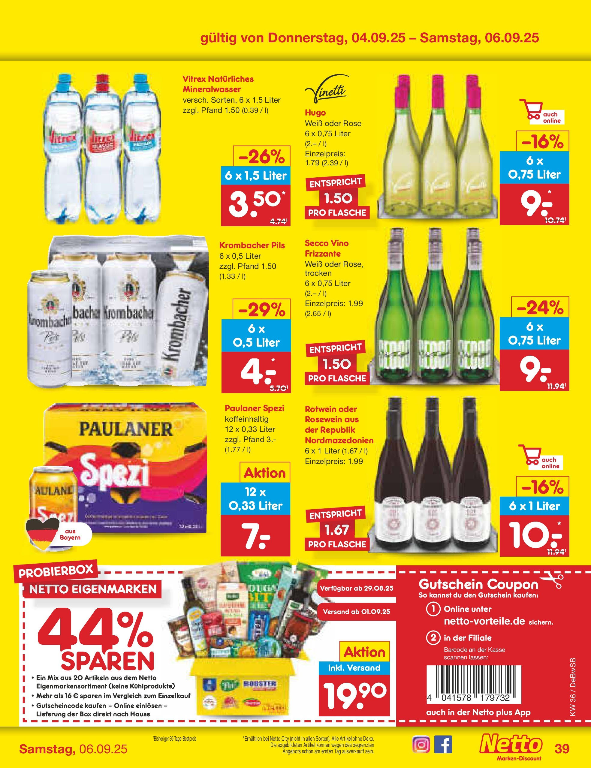Netto Marken-Discount prospekt Waiblingen-Bittenfeld (ab 01.09.2025) » Angebote | Seite: 55 | Produkte: Paulaner spezi, Rotwein, Krombacher, Hugo Netto Marken-Discount prospekt Waiblingen-Bittenfeld (ab 01.09.2025) » Angebote | Seite: 55 | Produkte: Paulaner spezi, Rotwein, Krombacher, Hugo