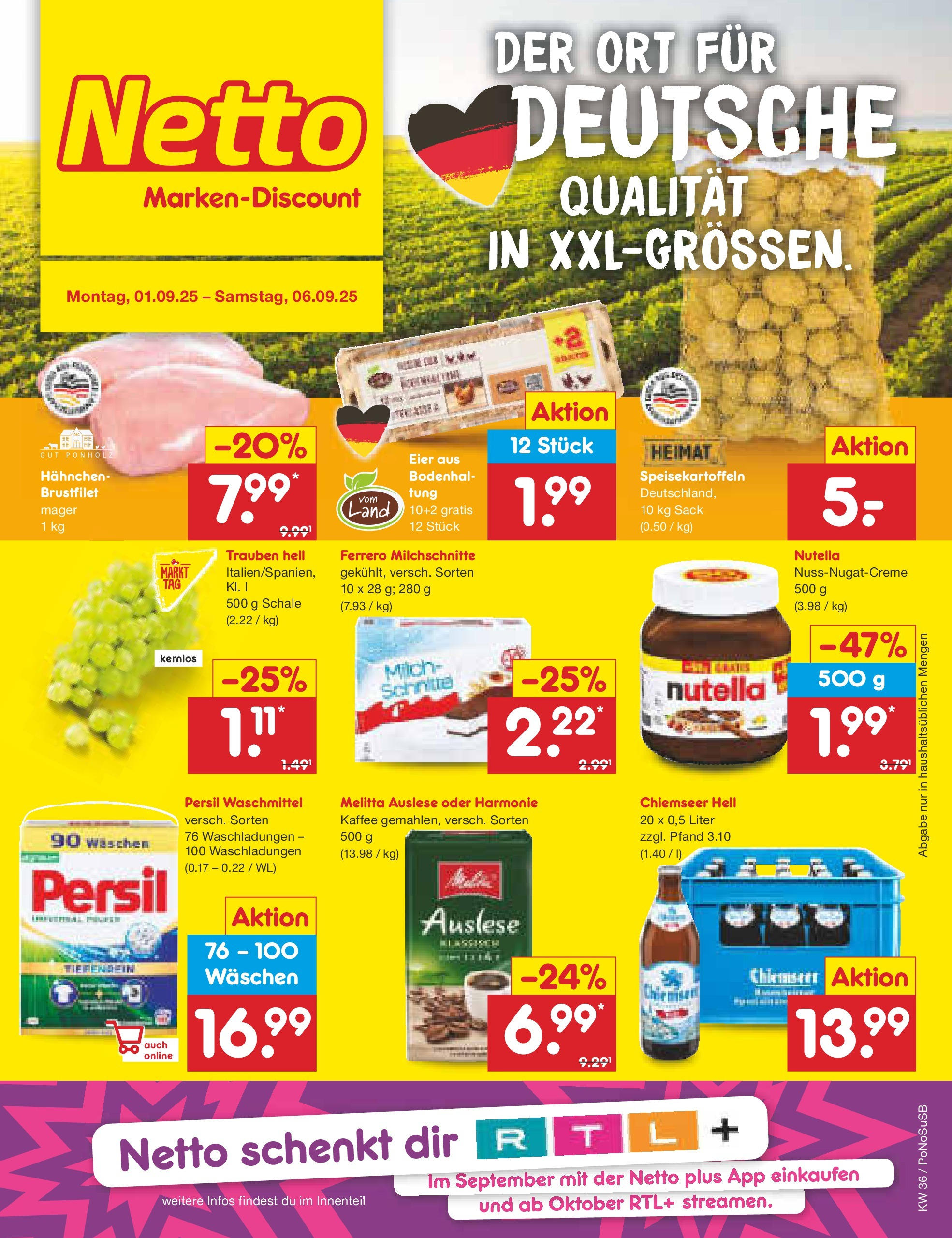 Netto Marken-Discount prospekt Amberg (ab 01.09.2025) » Angebote | Seite: 1 | Produkte: Melitta, Milch, Eier, Nutella Netto Marken-Discount prospekt Amberg (ab 01.09.2025) » Angebote | Seite: 1 | Produkte: Melitta, Milch, Eier, Nutella