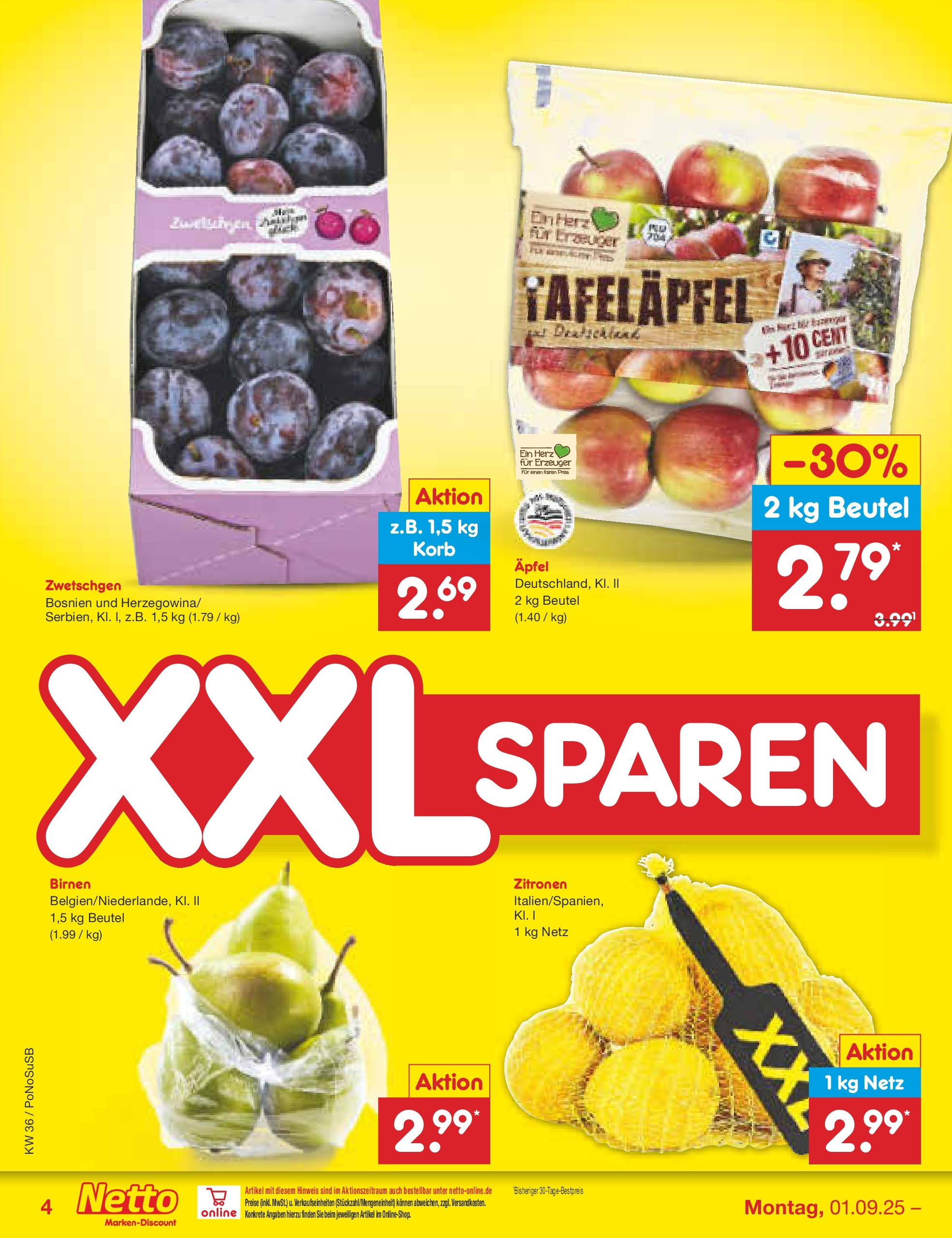 Netto Marken-Discount prospekt Amberg (ab 01.09.2025) » Angebote | Seite: 4 | Produkte: Korb, Äpfel, Zwetschgen, Zitronen Netto Marken-Discount prospekt Amberg (ab 01.09.2025) » Angebote | Seite: 4 | Produkte: Korb, Äpfel, Zwetschgen, Zitronen