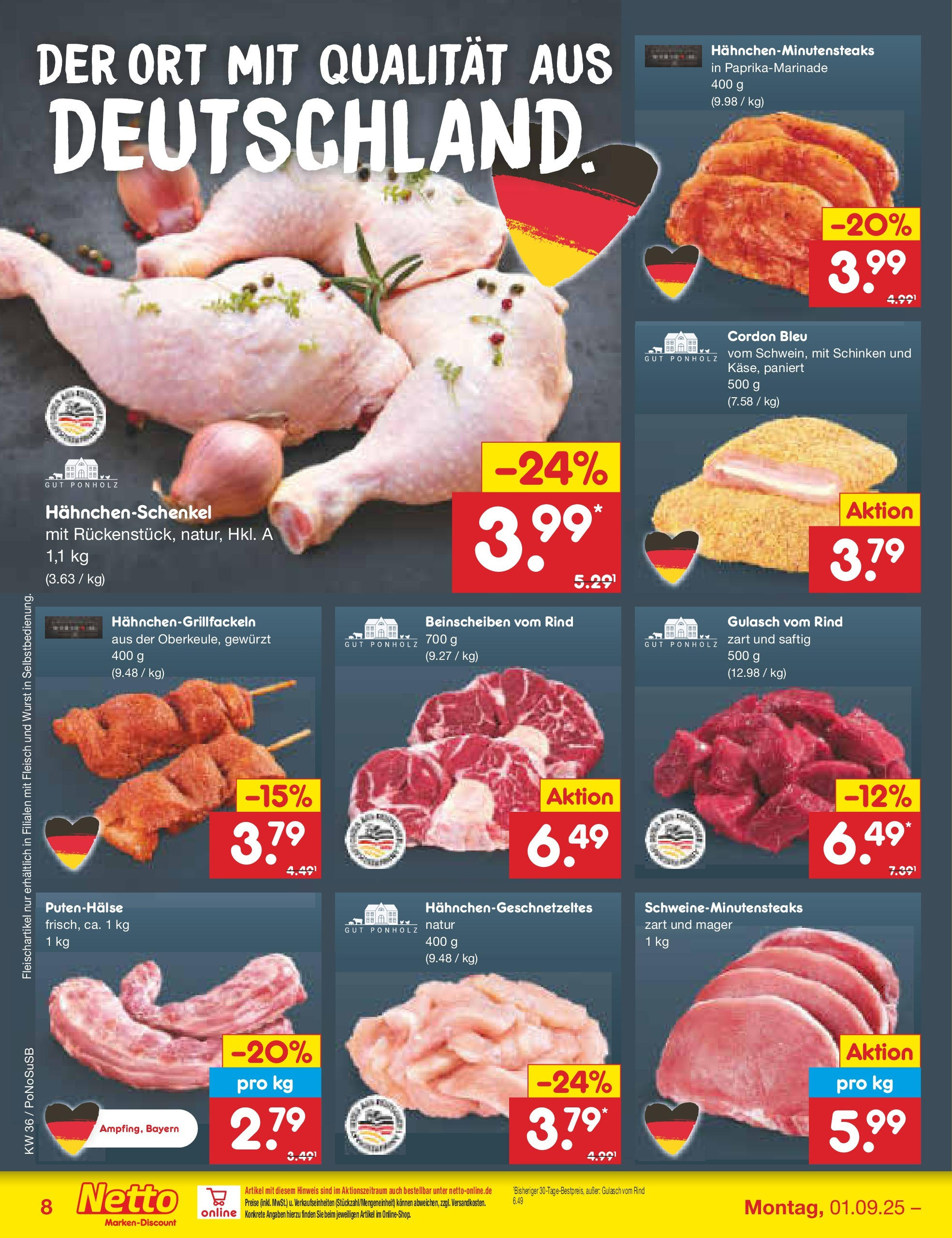 Netto Marken-Discount prospekt Amberg (ab 01.09.2025) » Angebote | Seite: 10 | Produkte: Hahnchenschenkel, Gulasch, Wurst, Schinken Netto Marken-Discount prospekt Amberg (ab 01.09.2025) » Angebote | Seite: 10 | Produkte: Hahnchenschenkel, Gulasch, Wurst, Schinken