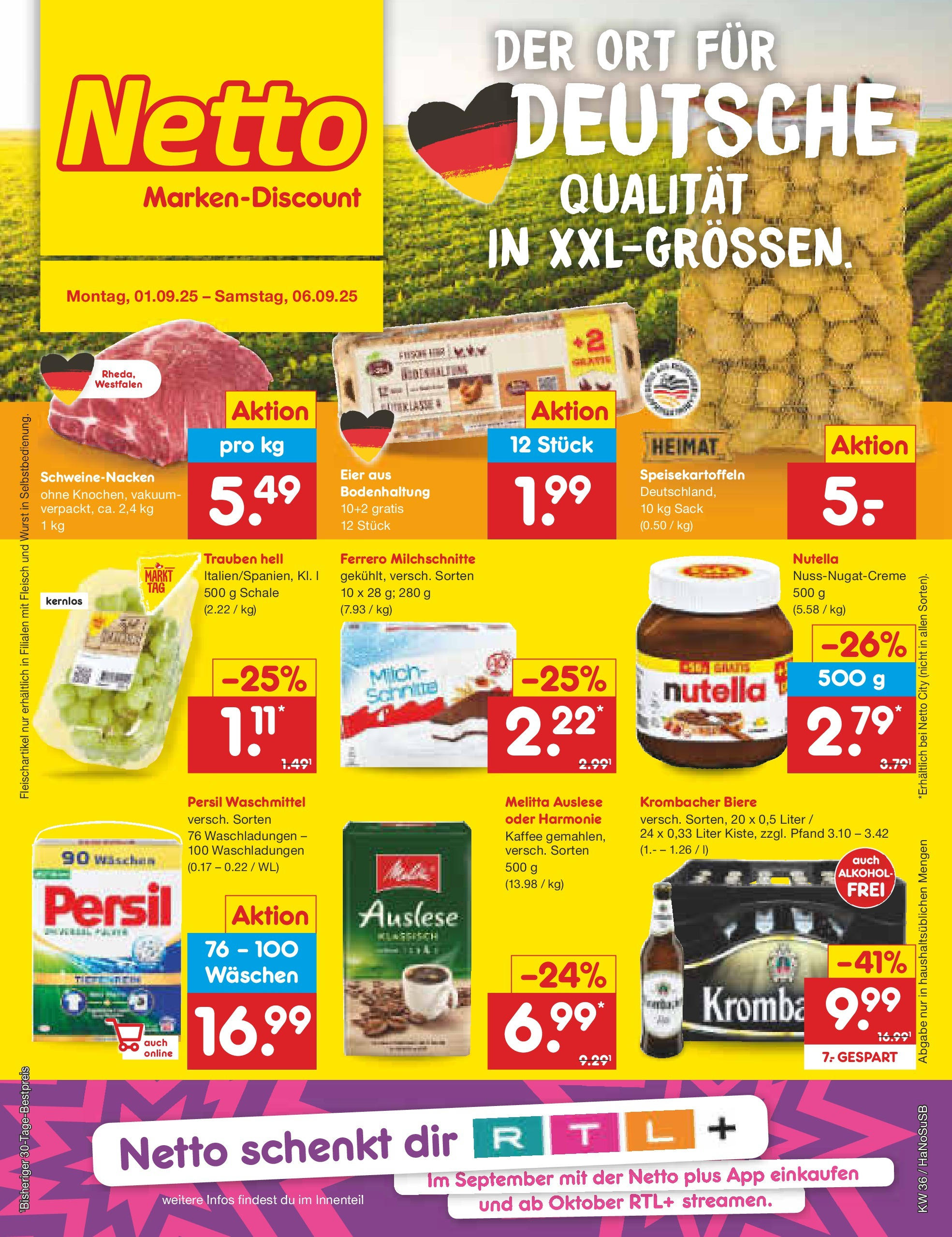 Netto Marken-Discount prospekt Wuppertal (ab 01.09.2025) » Angebote | Seite: 1 | Produkte: Melitta, Schweinenacken, Fisch, Krombacher Netto Marken-Discount prospekt Wuppertal (ab 01.09.2025) » Angebote | Seite: 1 | Produkte: Melitta, Schweinenacken, Fisch, Krombacher