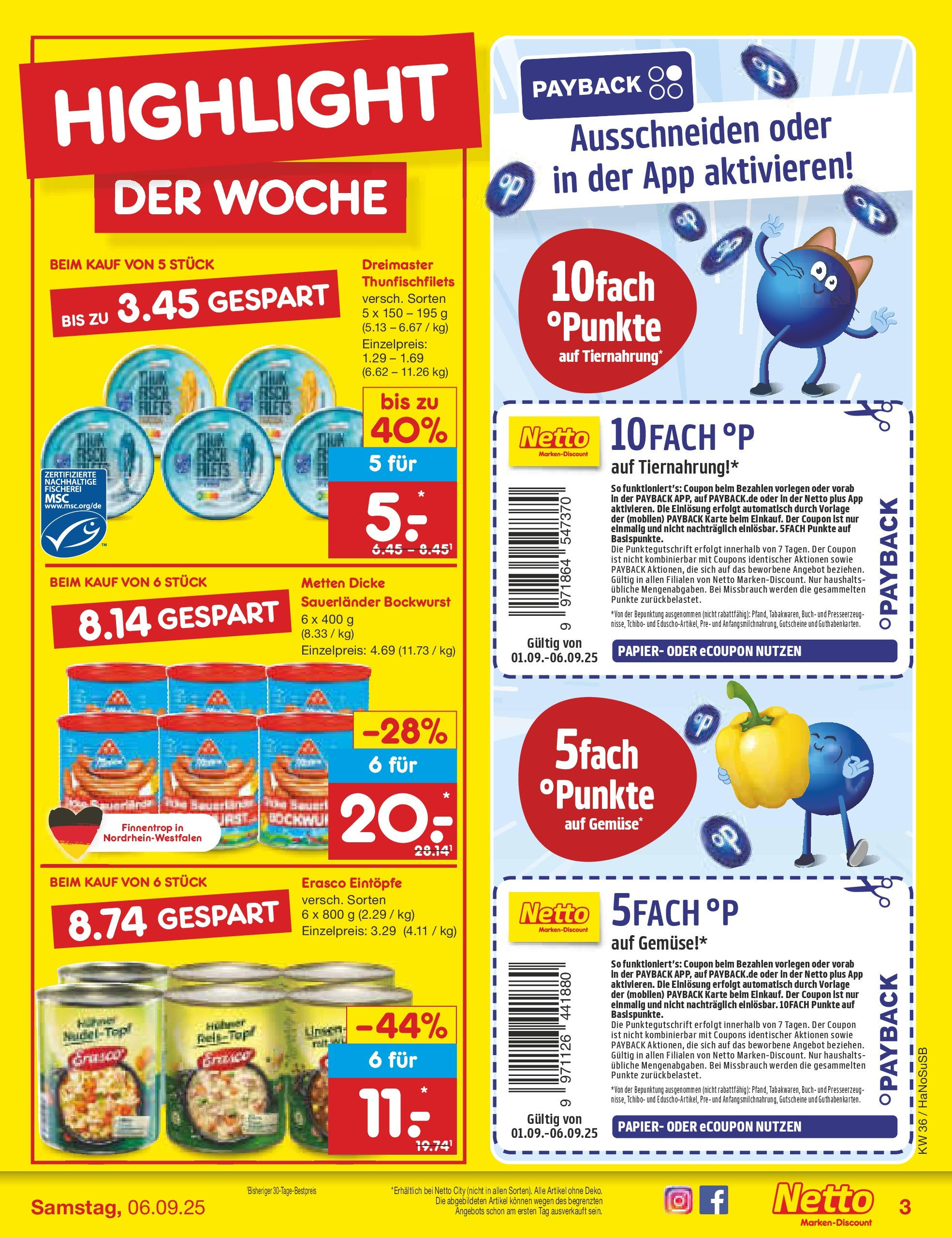 Netto Marken-Discount prospekt Wuppertal (ab 01.09.2025) » Angebote | Seite: 3 | Produkte: Bockwurst, Gemüse, Erasco Netto Marken-Discount prospekt Wuppertal (ab 01.09.2025) » Angebote | Seite: 3 | Produkte: Bockwurst, Gemüse, Erasco