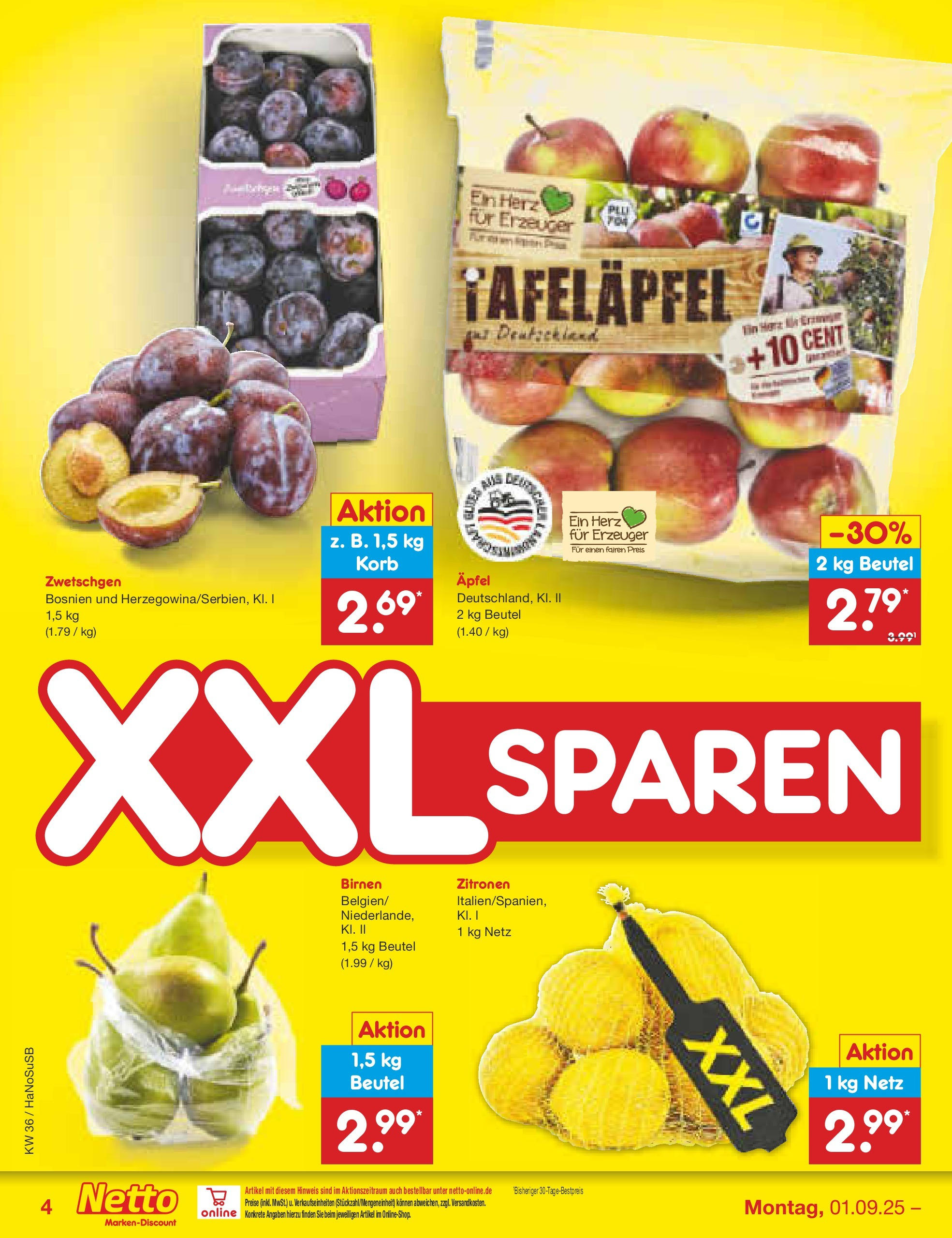 Netto Marken-Discount prospekt Wuppertal (ab 01.09.2025) » Angebote | Seite: 4 | Produkte: Korb, Äpfel, Zwetschgen, Zitronen Netto Marken-Discount prospekt Wuppertal (ab 01.09.2025) » Angebote | Seite: 4 | Produkte: Korb, Äpfel, Zwetschgen, Zitronen