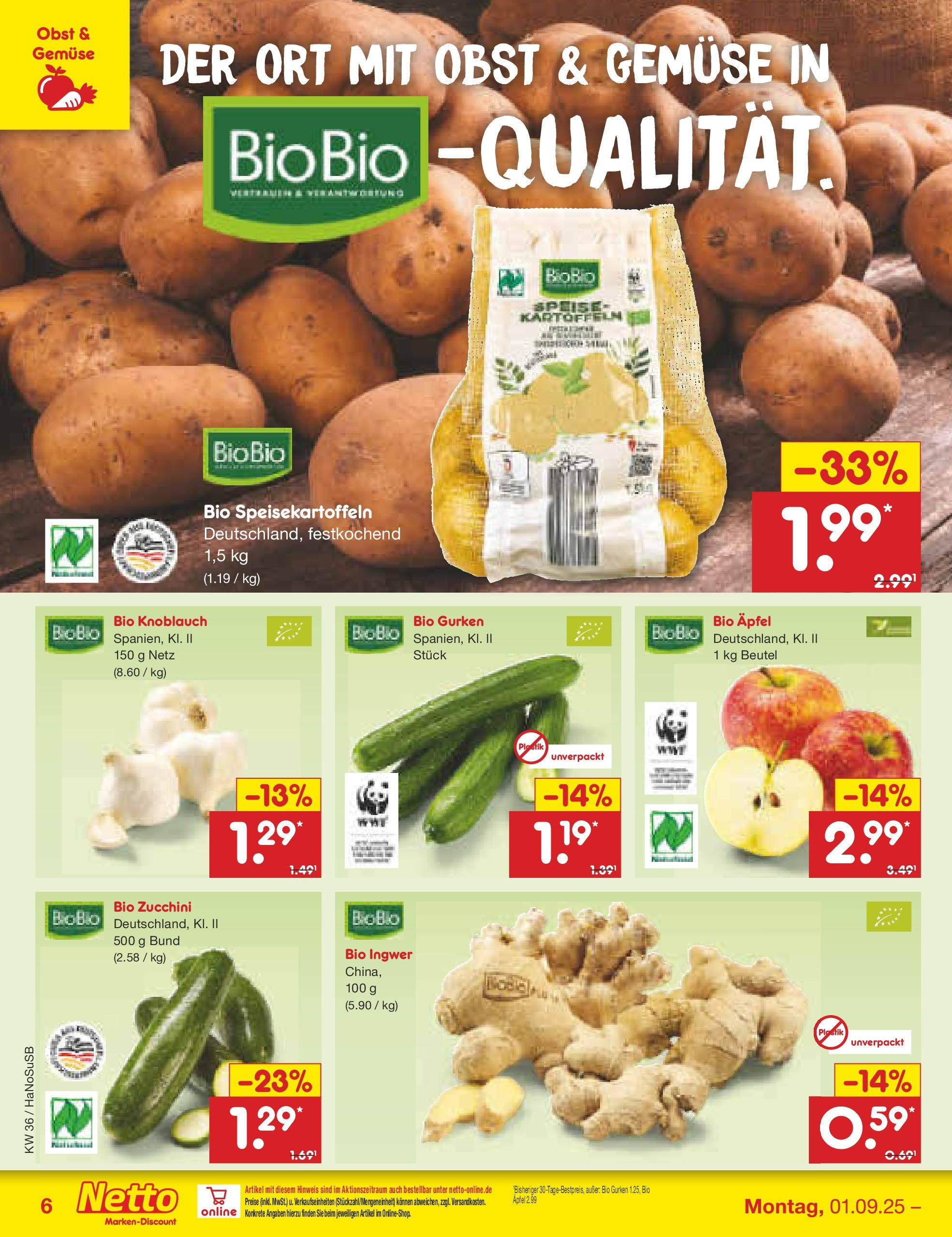 Netto Marken-Discount prospekt Wuppertal (ab 01.09.2025) » Angebote | Seite: 6 | Produkte: Kartoffeln, Gemüse, Obst, Gurken Netto Marken-Discount prospekt Wuppertal (ab 01.09.2025) » Angebote | Seite: 6 | Produkte: Kartoffeln, Gemüse, Obst, Gurken