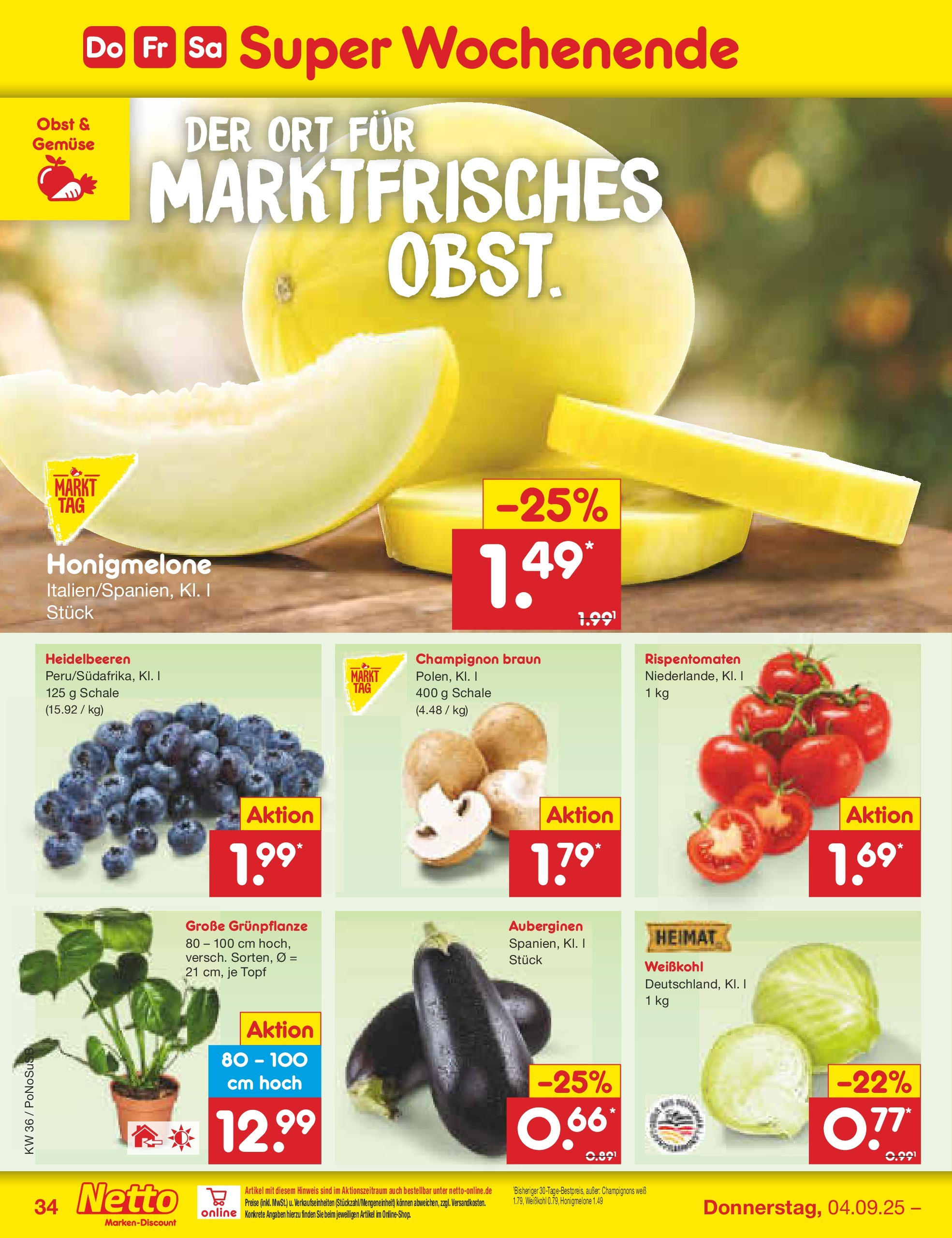 Netto Marken-Discount prospekt Amberg (ab 01.09.2025) » Angebote | Seite: 50 | Produkte: Heidelbeeren, Honigmelone, Gemüse, Obst Netto Marken-Discount prospekt Amberg (ab 01.09.2025) » Angebote | Seite: 50 | Produkte: Heidelbeeren, Honigmelone, Gemüse, Obst