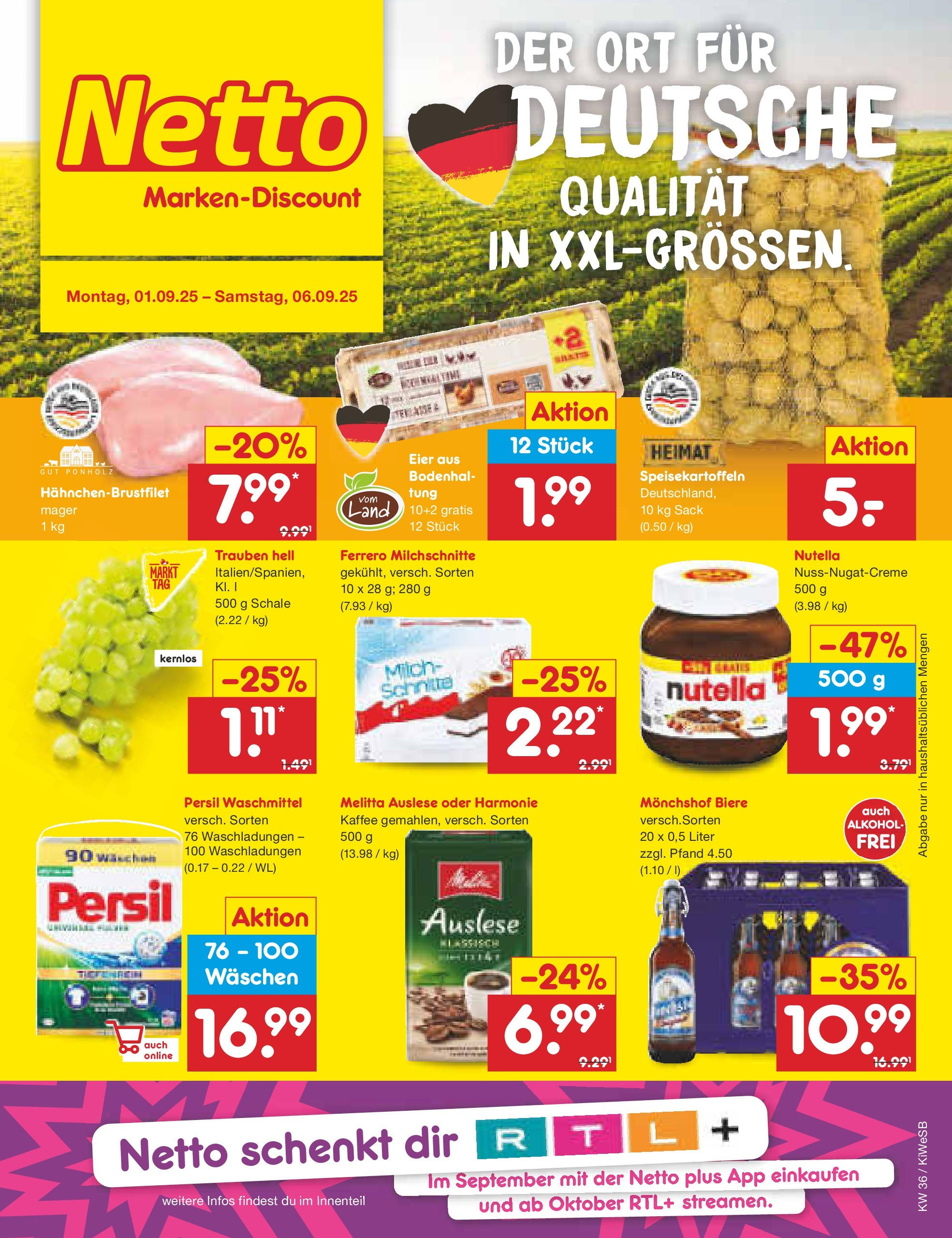 Netto Marken-Discount prospekt Bad Friedrichshall (ab 01.09.2025) » Angebote | Seite: 1 | Produkte: Monchshof, Milch, Eier, Nutella Netto Marken-Discount prospekt Bad Friedrichshall (ab 01.09.2025) » Angebote | Seite: 1 | Produkte: Monchshof, Milch, Eier, Nutella