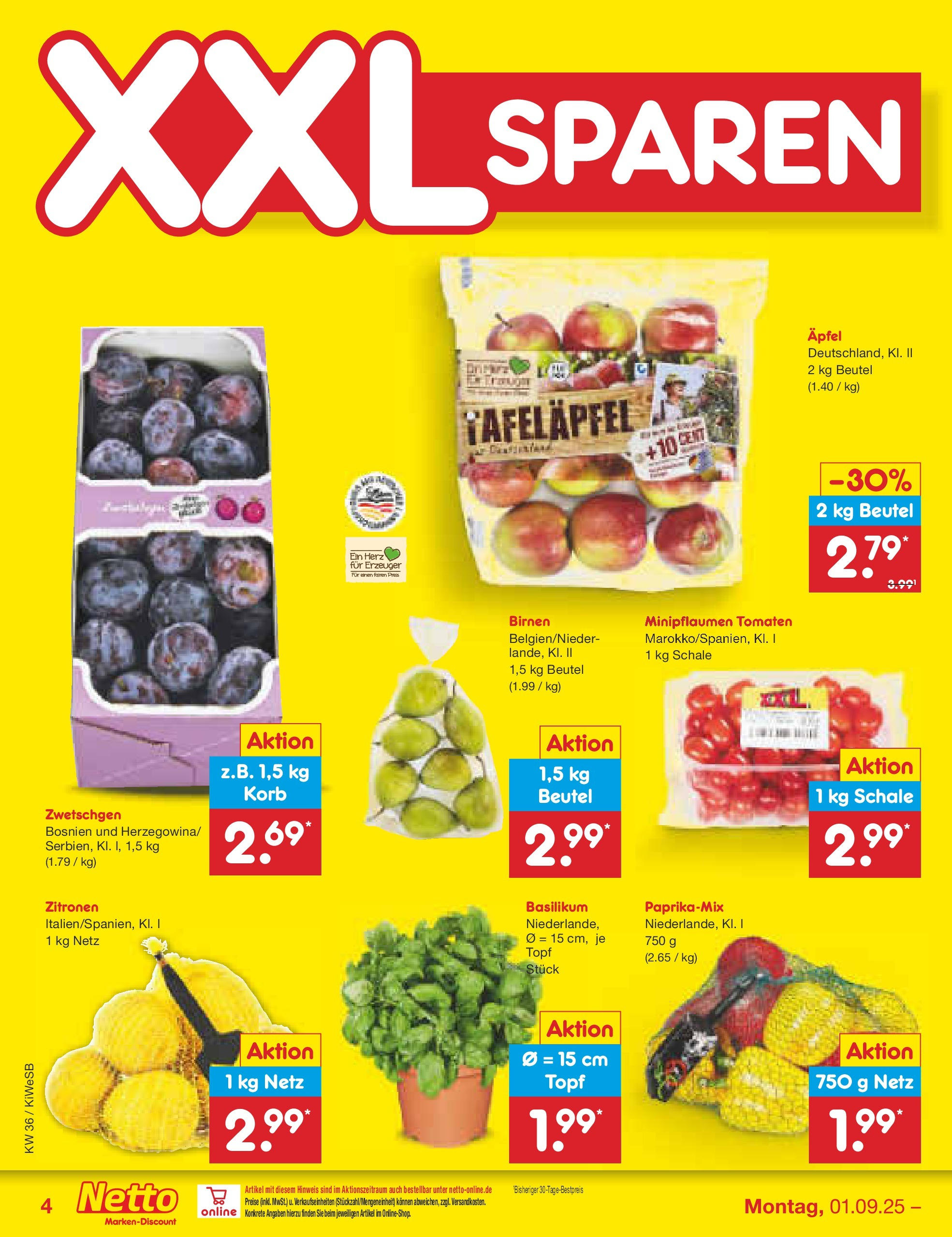 Netto Marken-Discount prospekt Bad Friedrichshall (ab 01.09.2025) » Angebote | Seite: 4 | Produkte: Korb, Äpfel, Zwetschgen, Zitronen Netto Marken-Discount prospekt Bad Friedrichshall (ab 01.09.2025) » Angebote | Seite: 4 | Produkte: Korb, Äpfel, Zwetschgen, Zitronen