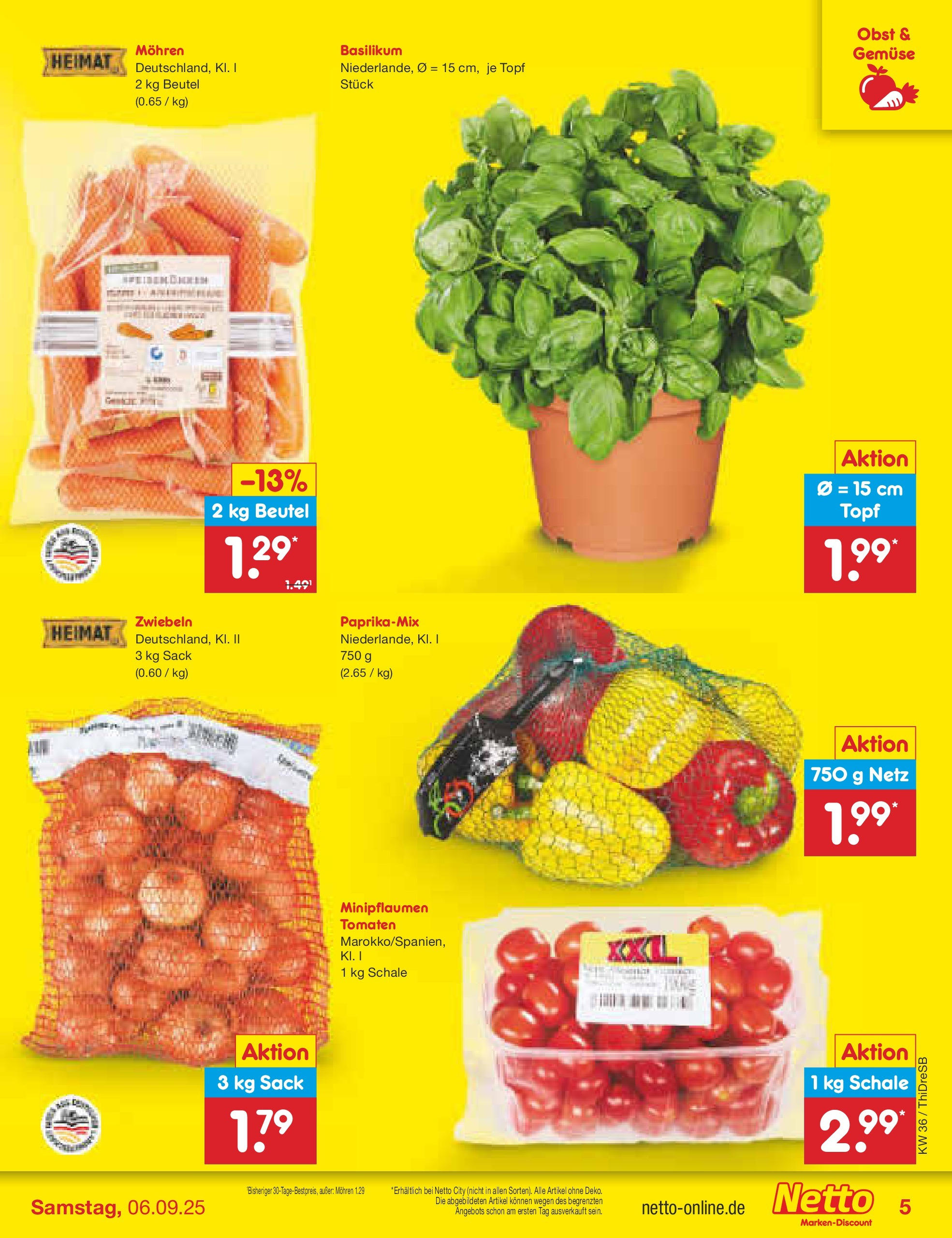 Netto Marken-Discount prospekt Dresden	 (ab 01.09.2025) » Angebote | Seite: 5 | Produkte: Mohren, Zwiebeln, Gemüse, Obst
