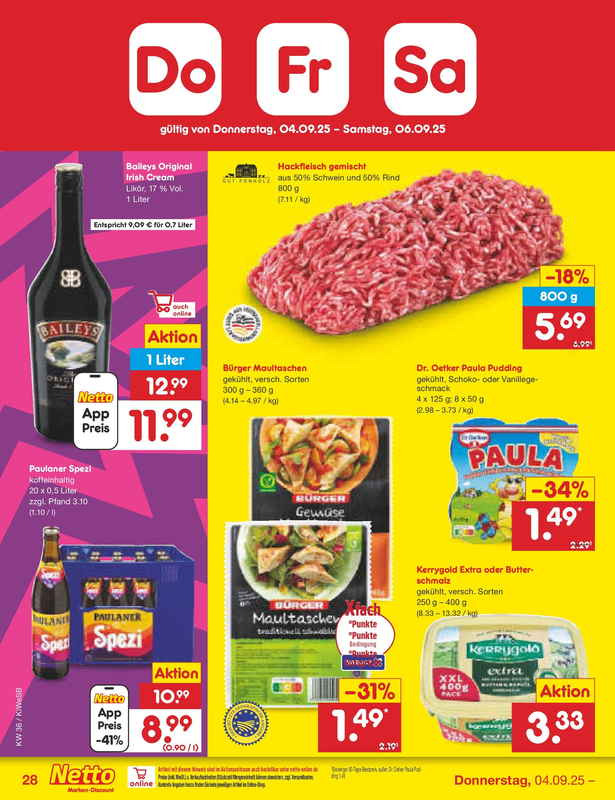 Netto Marken-Discount prospekt Bad Friedrichshall (ab 01.09.2025) » Angebote | Seite: 44 | Produkte: Butter, Pudding, Baileys, Paulaner Netto Marken-Discount prospekt Bad Friedrichshall (ab 01.09.2025) » Angebote | Seite: 44 | Produkte: Butter, Pudding, Baileys, Paulaner