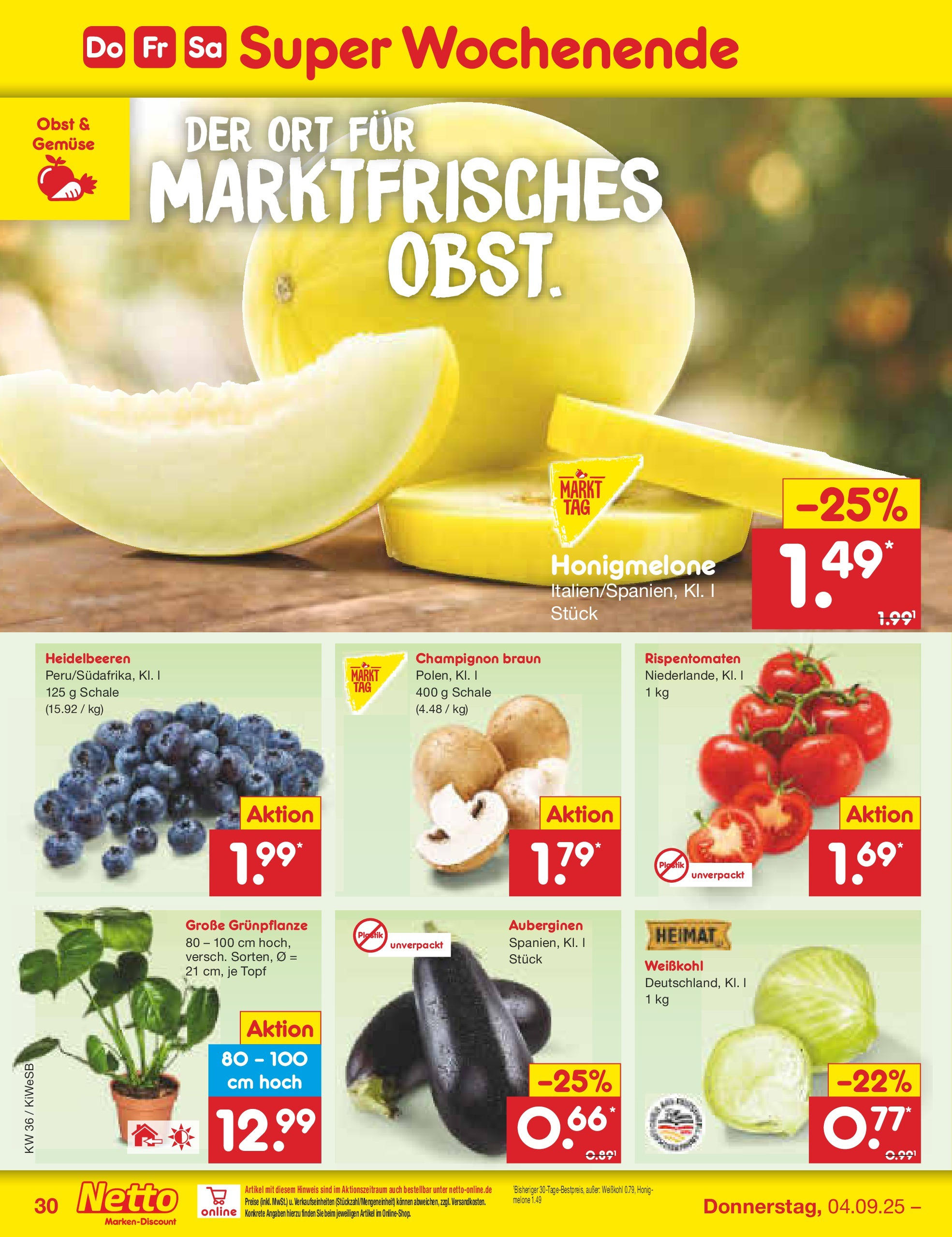 Netto Marken-Discount prospekt Bad Friedrichshall (ab 01.09.2025) » Angebote | Seite: 46 | Produkte: Honigmelone, Gemüse, Obst, Melone Netto Marken-Discount prospekt Bad Friedrichshall (ab 01.09.2025) » Angebote | Seite: 46 | Produkte: Honigmelone, Gemüse, Obst, Melone