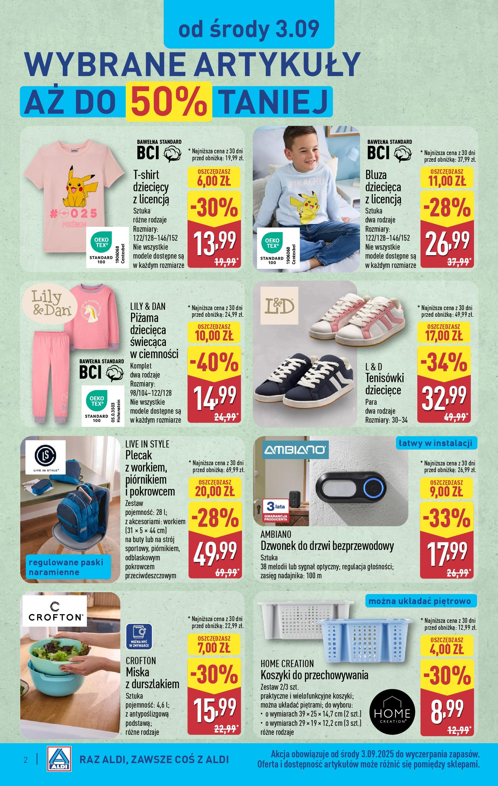 Aldi Gazetka - Hity od Środy i od Soboty od 03.09.2025 | Nowa PDF gazetka | Strona: 2 | Produkty: Piżama, Buty, Plecak, Tenisówki Aldi Gazetka - Hity od Środy i od Soboty od 03.09.2025 - Ulotka PDF, promocje | Strona: 2 | Produkty: Piżama, Buty, Plecak, Tenisówki