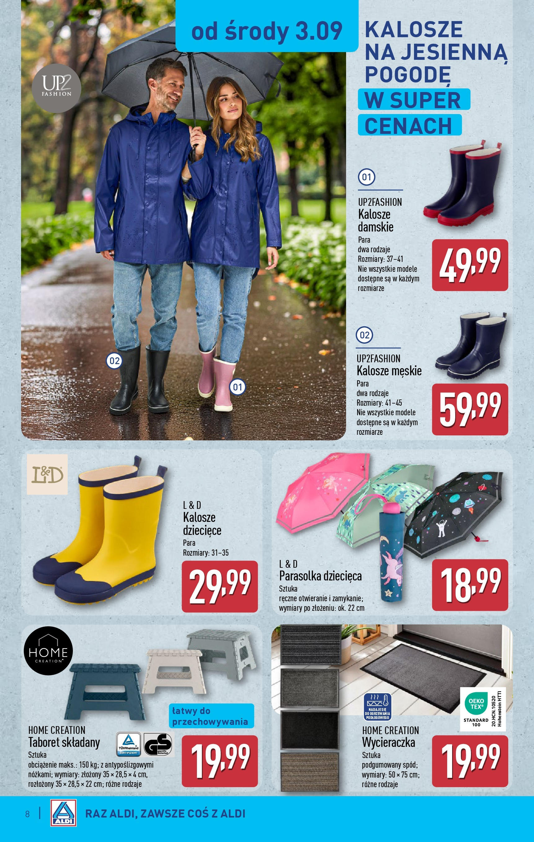 Aldi Gazetka - Hity od Środy i od Soboty od 03.09.2025 | Nowa PDF gazetka | Strona: 8 | Produkty: Kalosze, Parasolka, Wycieraczka Aldi Gazetka - Hity od Środy i od Soboty od 03.09.2025 - Ulotka PDF, promocje | Strona: 8 | Produkty: Kalosze, Parasolka, Wycieraczka