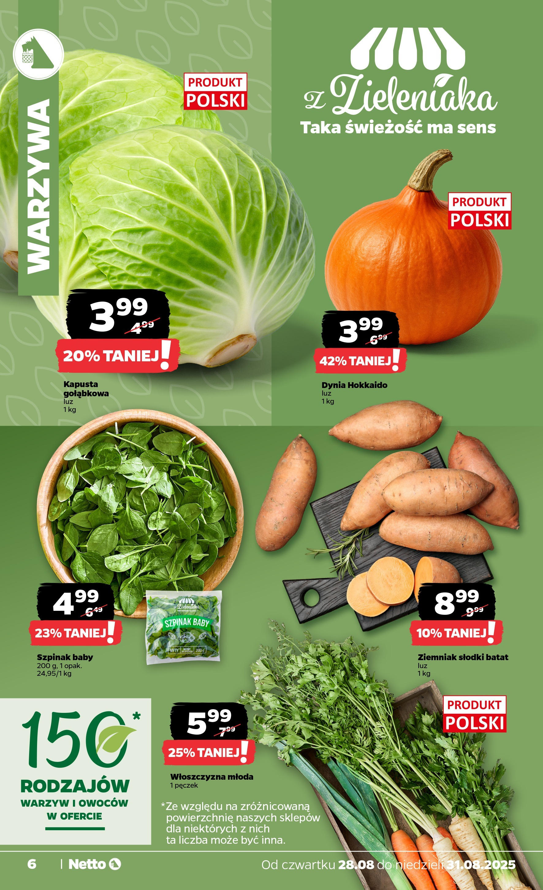 Netto gazetka - Spożywcza od 28.08.2025 | Promocje | Strona: 6 | Produkty: Kapusta, Dynia, Szpinak, Warzywa Netto gazetka - Spożywcza od 28.08.2025 - Aktualne promocje | Strona: 6 | Produkty: Kapusta, Dynia, Szpinak, Warzywa