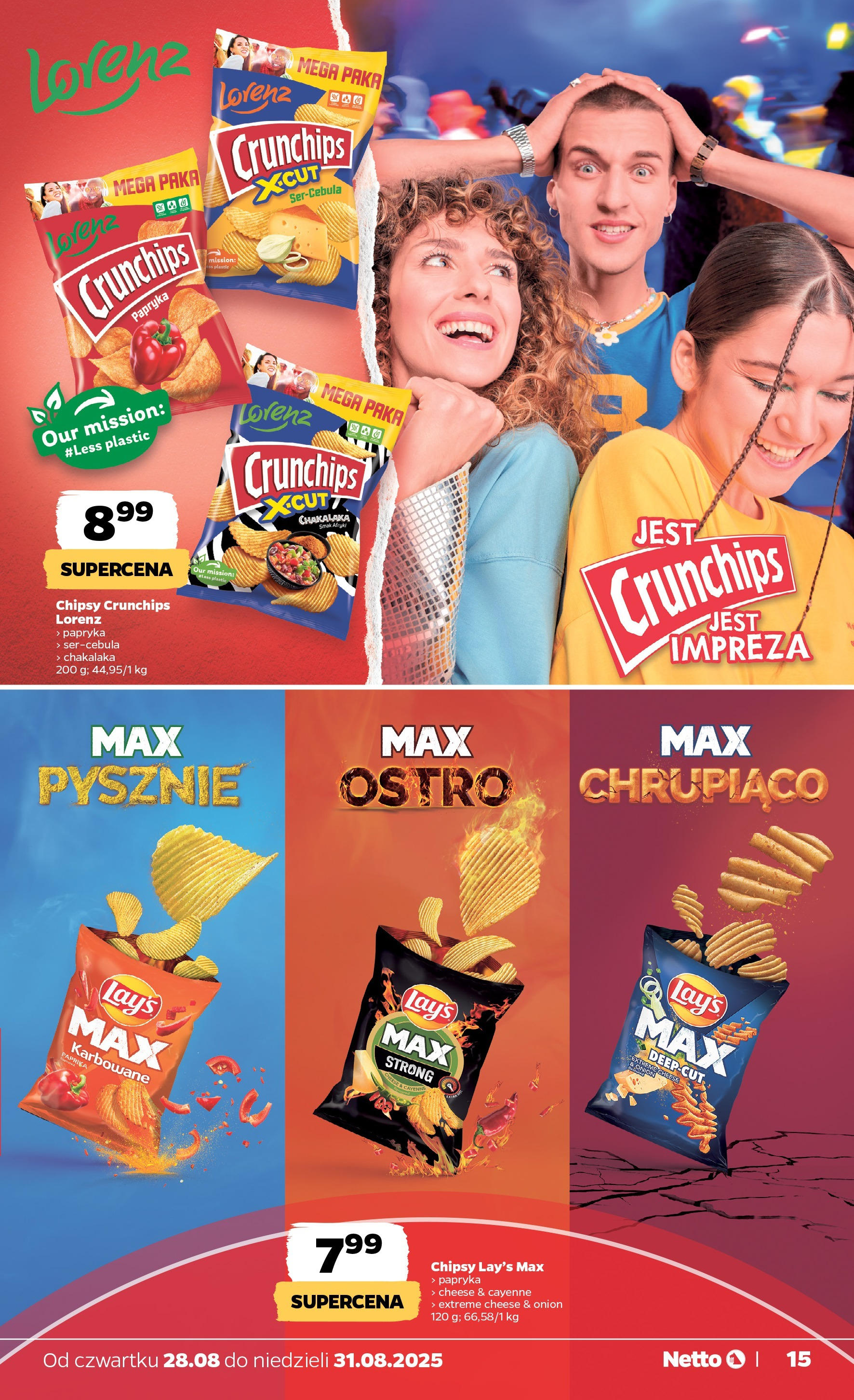 Netto gazetka - Spożywcza od 28.08.2025 | Promocje | Strona: 15 | Produkty: Chipsy, Papryka Netto gazetka - Spożywcza od 28.08.2025 - Aktualne promocje | Strona: 15 | Produkty: Chipsy, Papryka