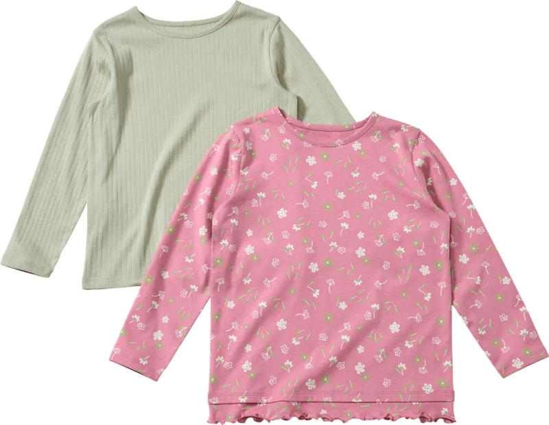 ALANA Langarmshirts mit Blumen-Muster, Rüschen & Ripp-Struktur, rosa + grün, Gr. 116