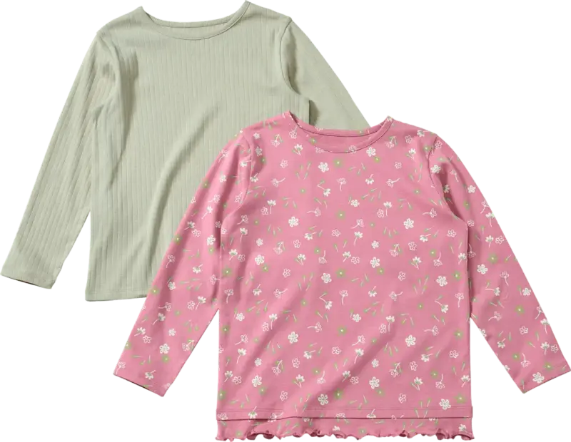 ALANA Langarmshirts mit Blumen-Muster, Rüschen & Ripp-Struktur, rosa + grün, Gr. 122