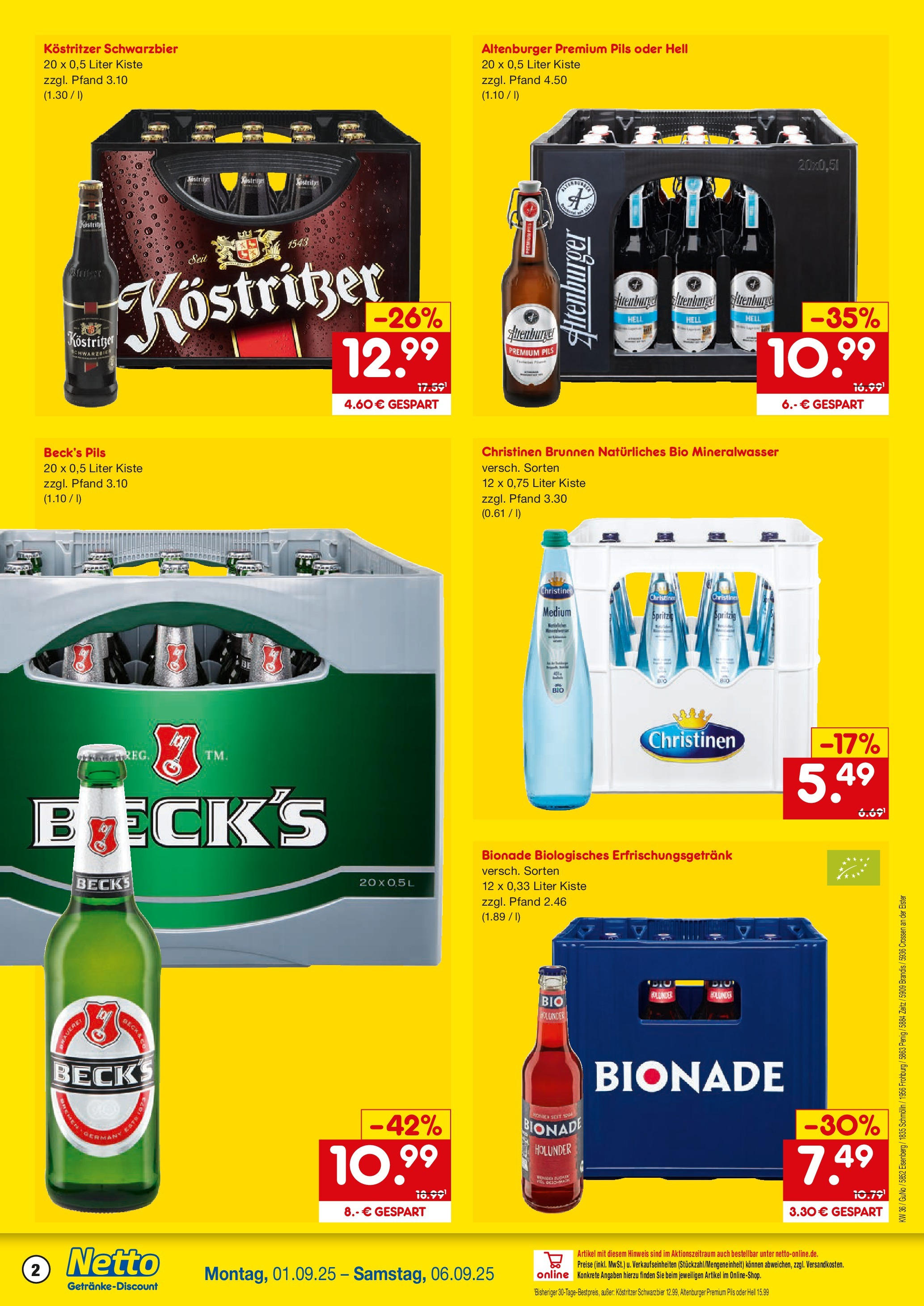 Netto Marken-Discount prospekt Schmölln (ab 01.09.2025) » Angebote | Seite: 2 | Produkte: Kostritzer, Pils, Bionade, Mineralwasser Netto Marken-Discount prospekt Schmölln (ab 01.09.2025) » Angebote | Seite: 2 | Produkte: Kostritzer, Pils, Bionade, Mineralwasser