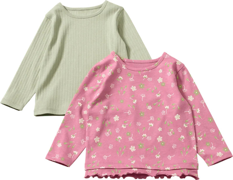 ALANA Langarmshirts mit Blumen-Muster, Rüschen & Ripp-Struktur, rosa + grün, Gr. 104