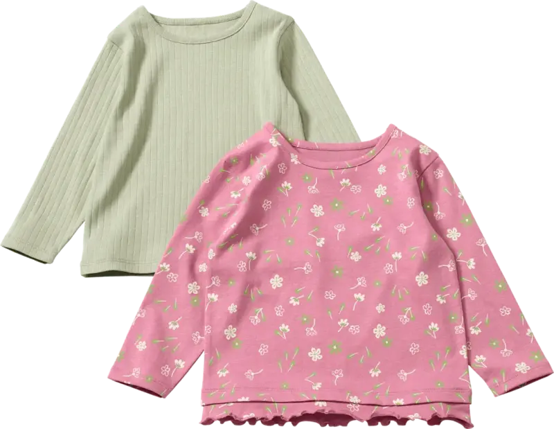 ALANA Langarmshirts mit Blumen-Muster, Rüschen & Ripp-Struktur, rosa + grün, Gr. 92