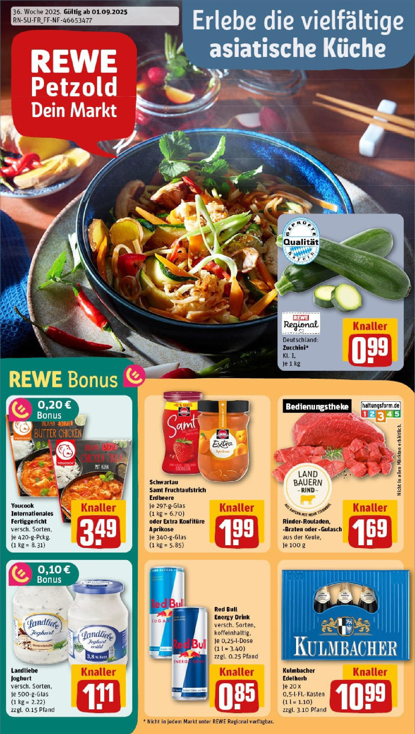 REWE Prospekt ab 01.09.2025 zum Blättern » Angebote | Seite: 1 | Produkte: Youcook, Red bull, Butter, Zucchini