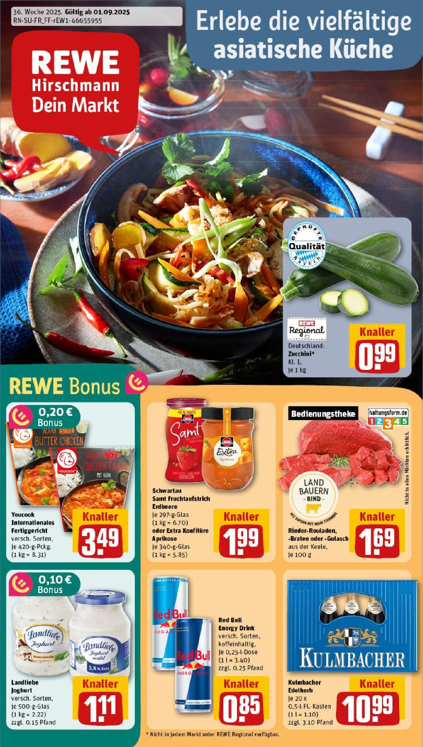 REWE Prospekt ab 01.09.2025 zum Blättern » Angebote | Seite: 1 | Produkte: Red bull, Küche, Landliebe joghurt, Zucchini