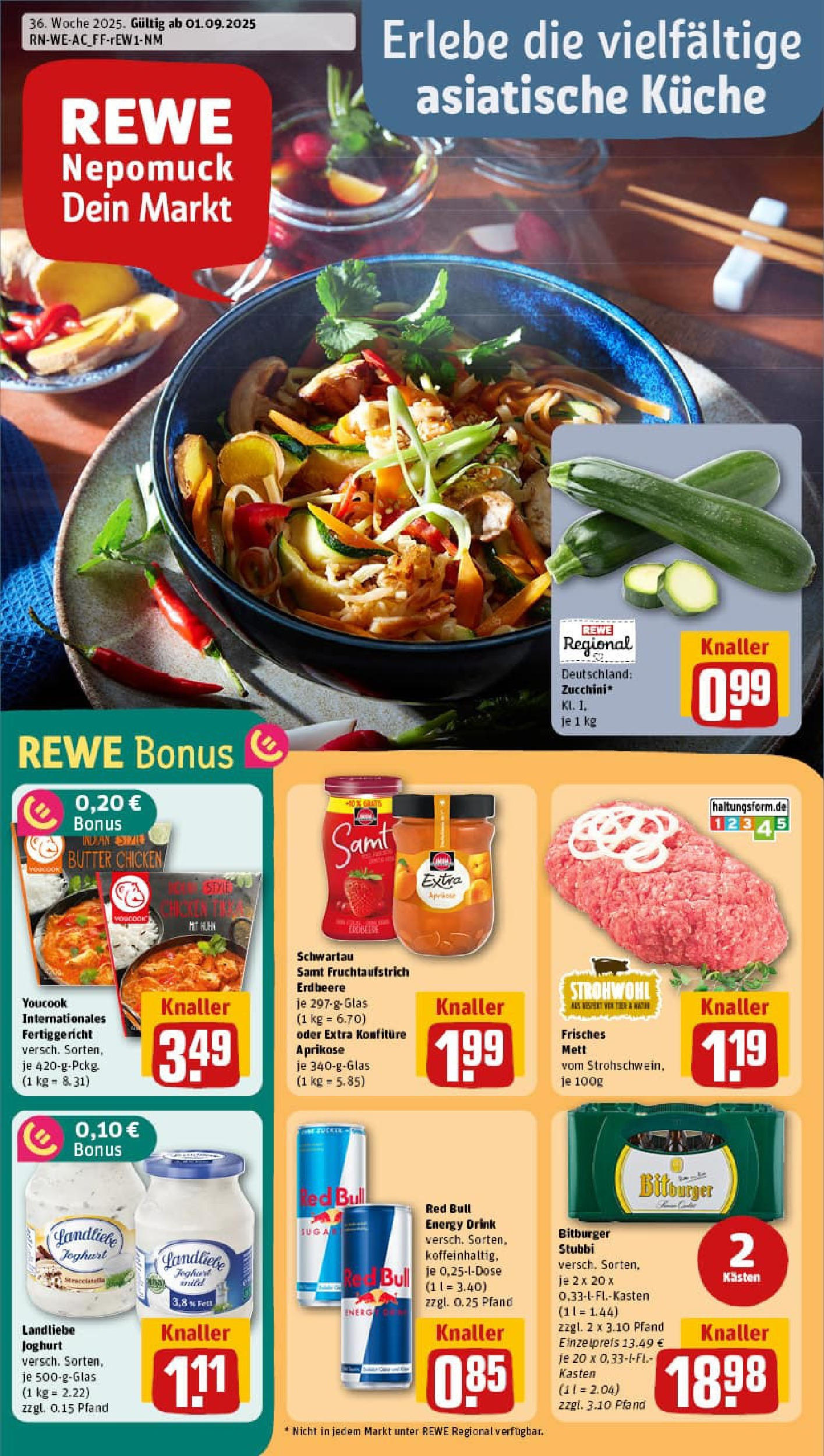 REWE Prospekt ab 01.09.2025 zum Blättern » Angebote | Seite: 1 | Produkte: Youcook, Red bull, Butter, Zucchini