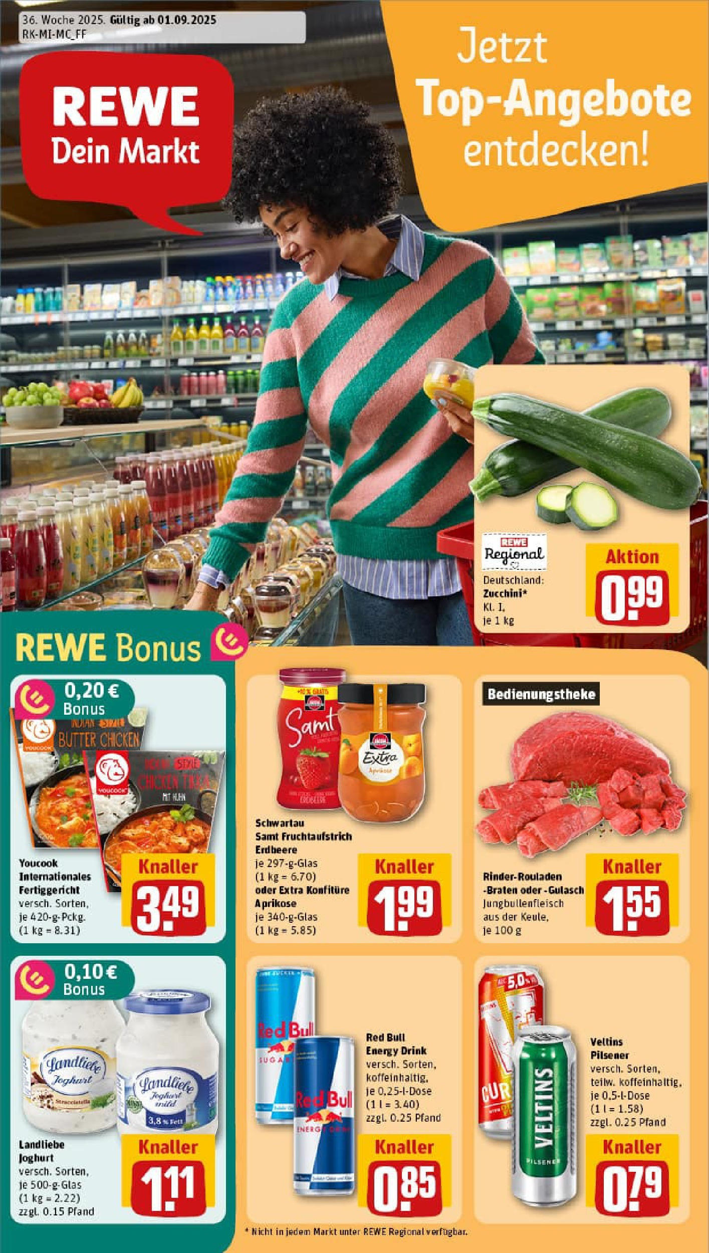 REWE Prospekt ab 01.09.2025 zum Blättern » Angebote | Seite: 1 | Produkte: Energy, Butter, Schwartau samt, Zucchini