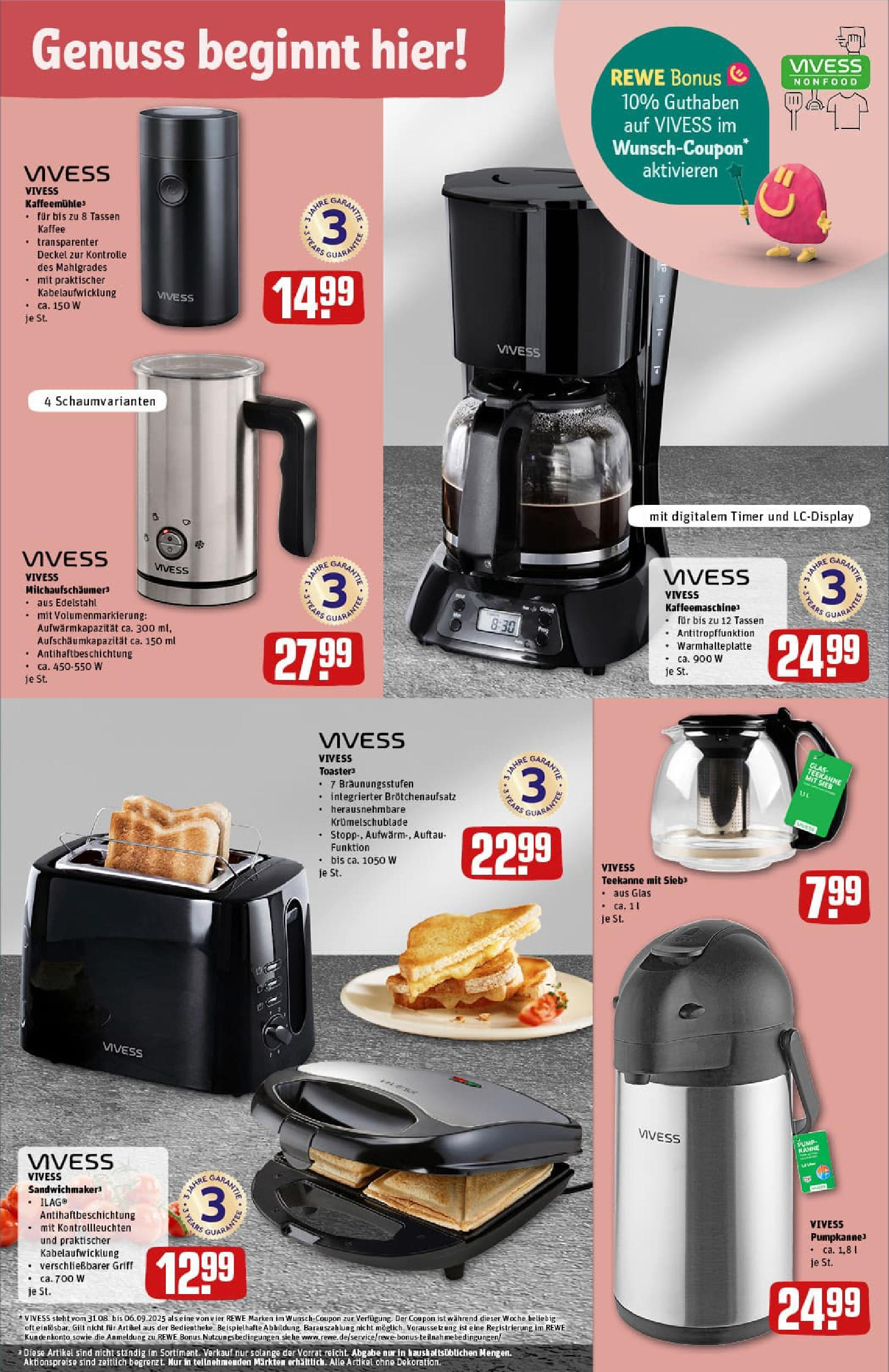 REWE Prospekt ab 01.09.2025 zum Blättern » Angebote | Seite: 32 | Produkte: Kaffeemaschine, Sandwichmaker, Toaster, Teekanne REWE Prospekt ab 01.09.2025 zum Blättern » Angebote | Seite: 32 | Produkte: Kaffeemaschine, Sandwichmaker, Toaster, Teekanne